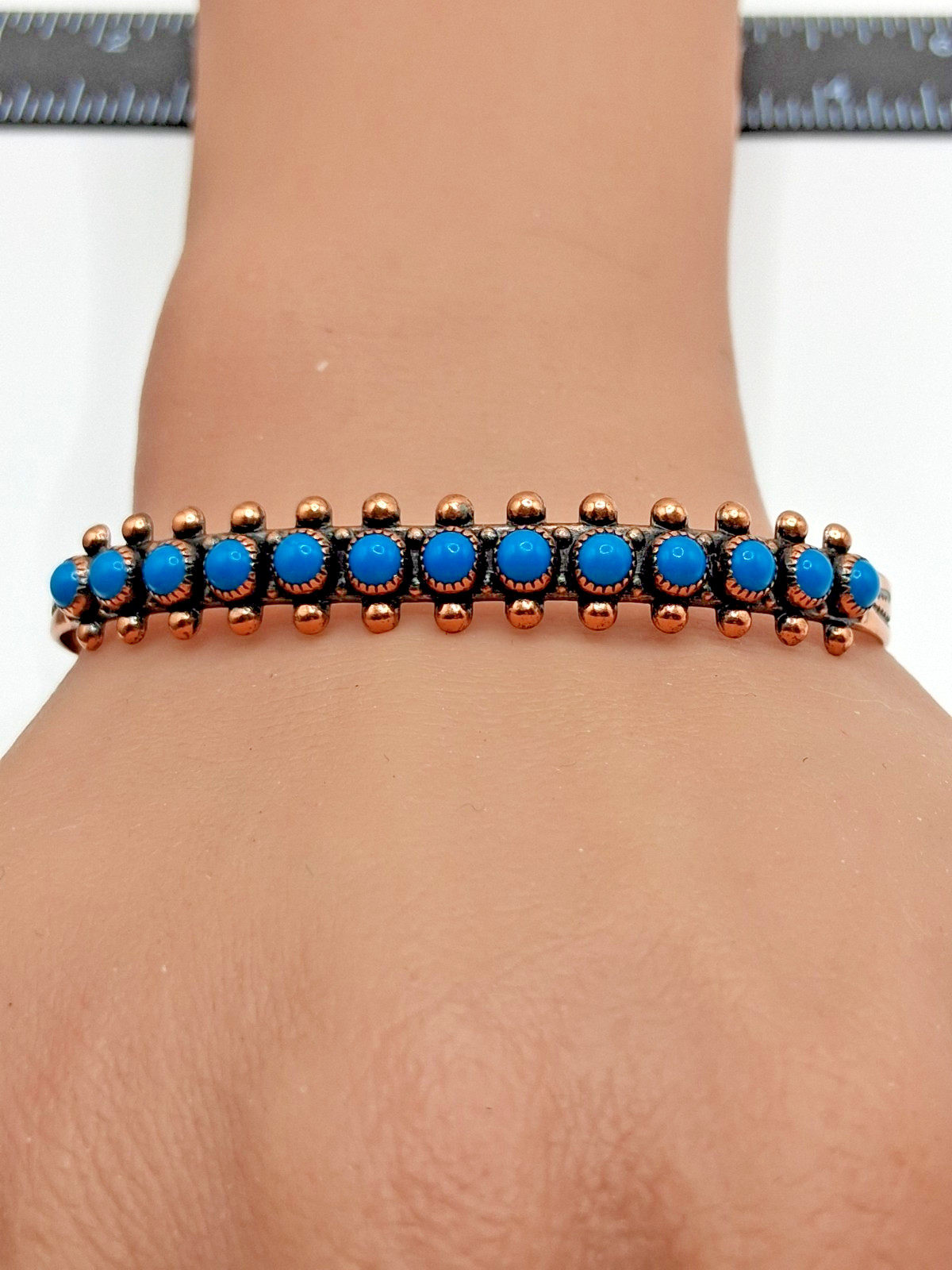 Vintage Wheeler Mfg. Copper Turquoise Cuff Bracelet 6 3/4″ 9.5mm Wide