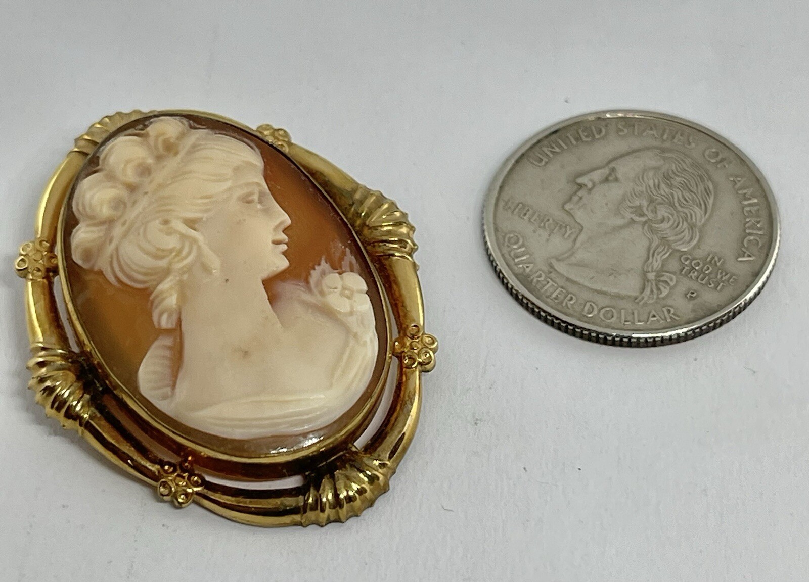 Vintage Gold Filled Carved Shell Lady CAMEO Left Facing Ornate Frame Brooch