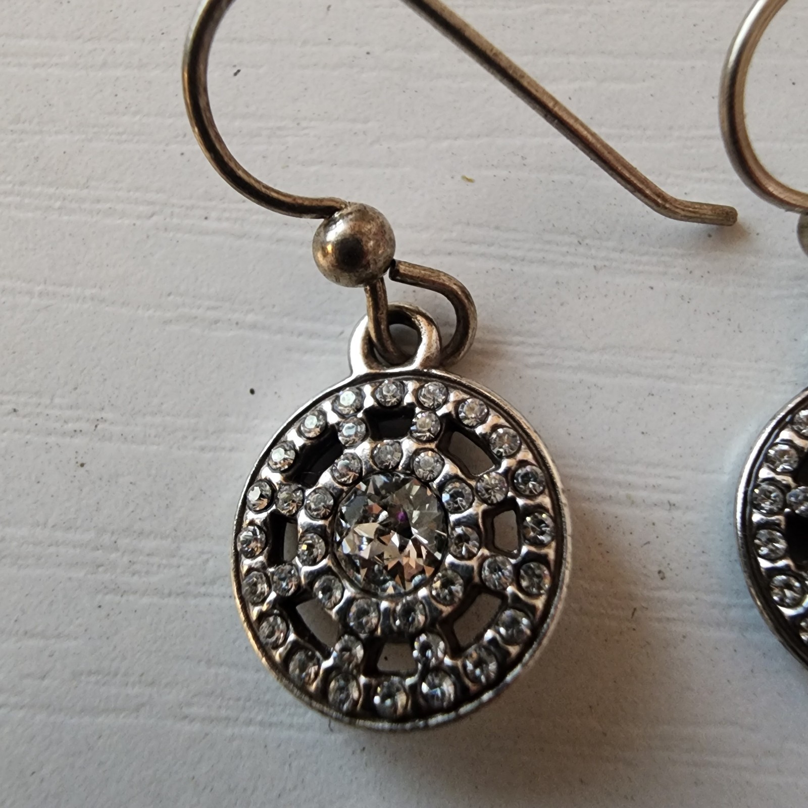 Vintage Fancy Women’s Earrings Silver Toned With Rhinestones Faux Center Diamond