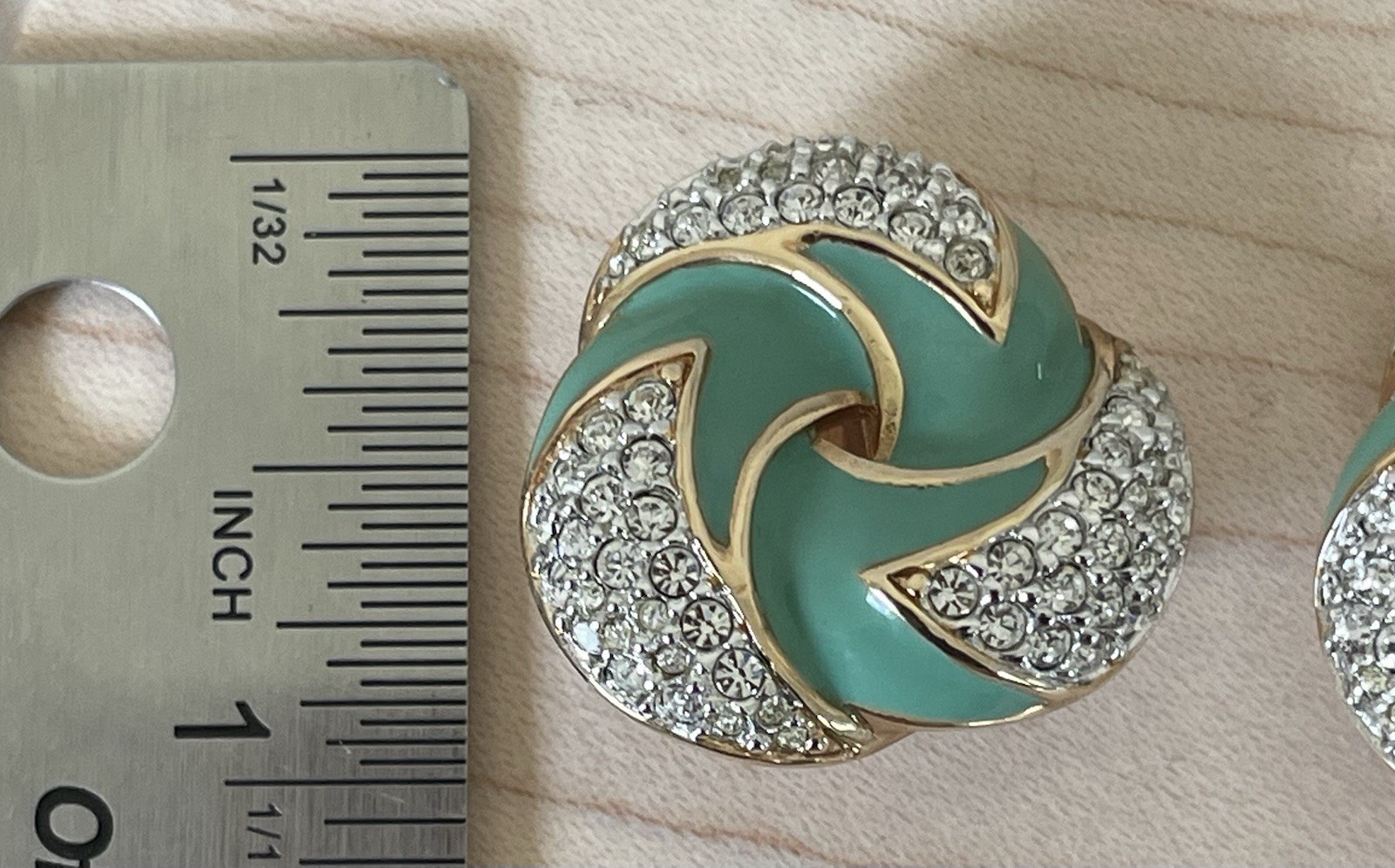 Vintage S.A.L. Green Enamel Swarovski Crystal Goldtone Clip-on Earrings