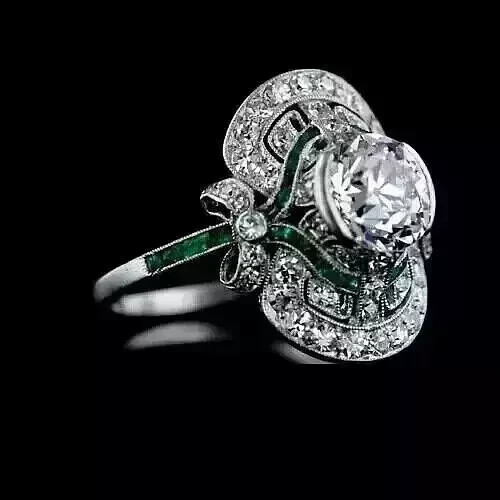 Vintage Art Deco Style Lab Created Diamond 14k White Gold FN Engagement Ring