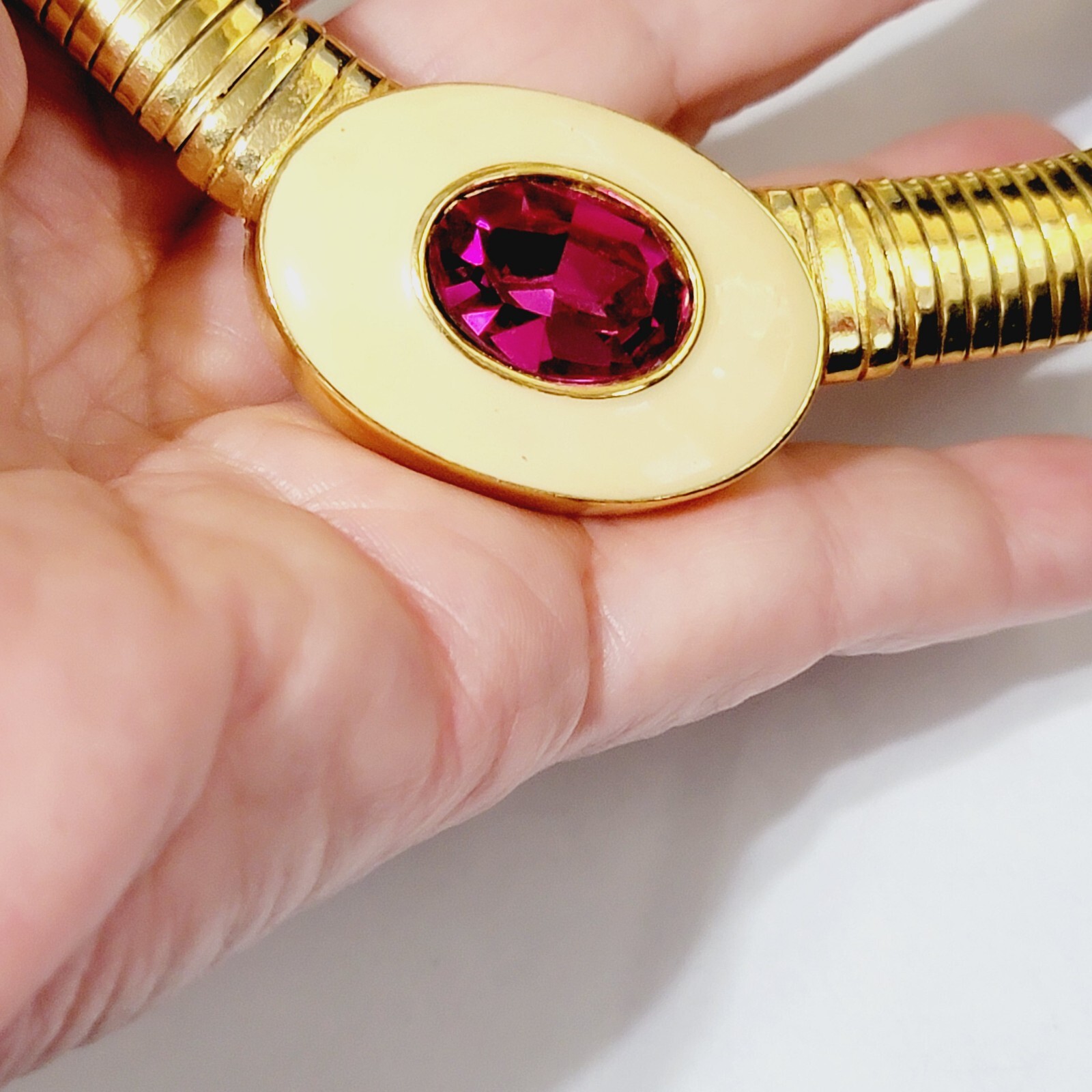 Vintage Yves Saint Laurent YSL Pink Crystal Tubogas Cream Enamel Collar Necklace