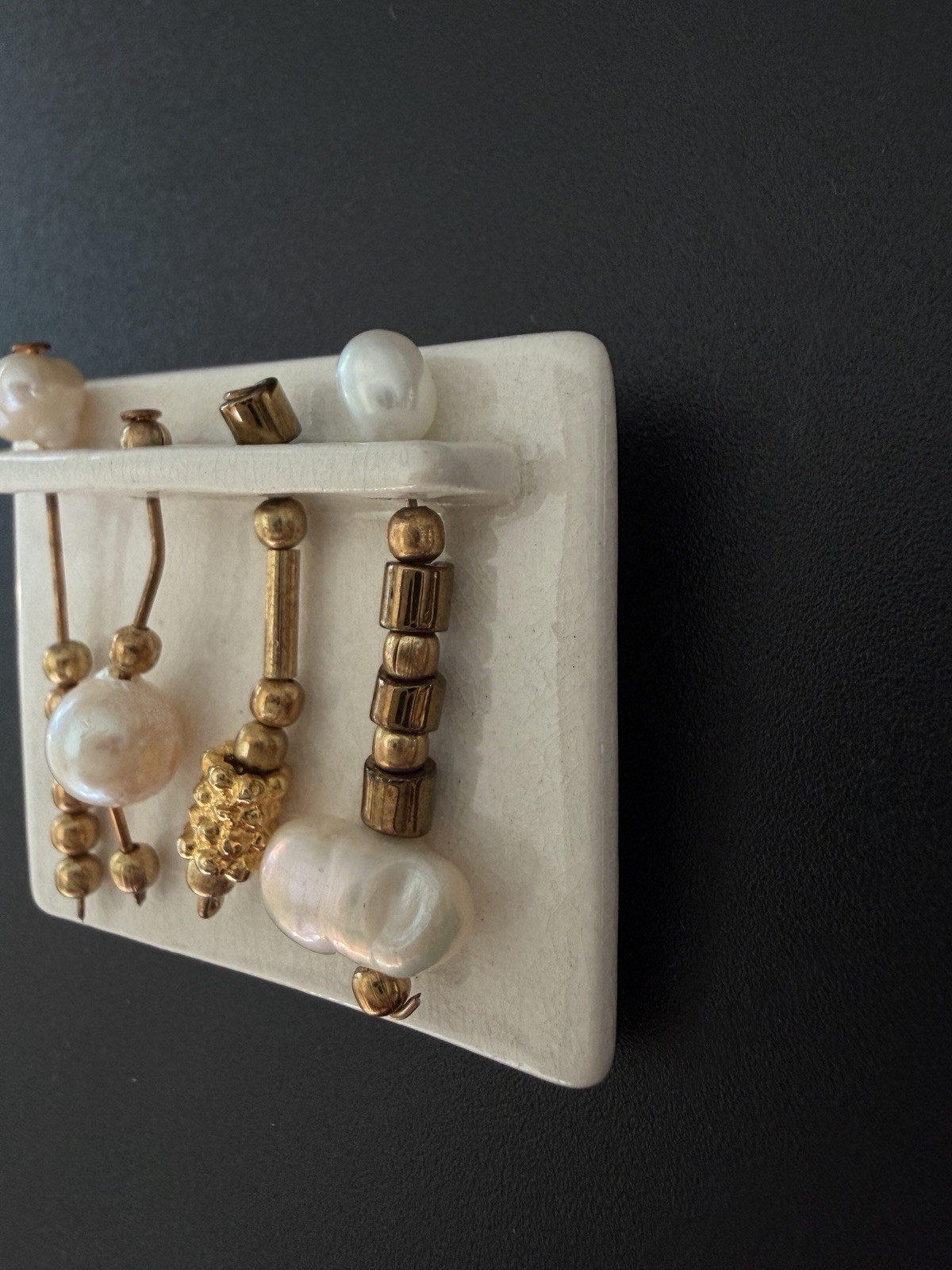 Artisan Ceramic Brooch with Dangling Freshwater Baroque Pearls Gold Beads Vtg