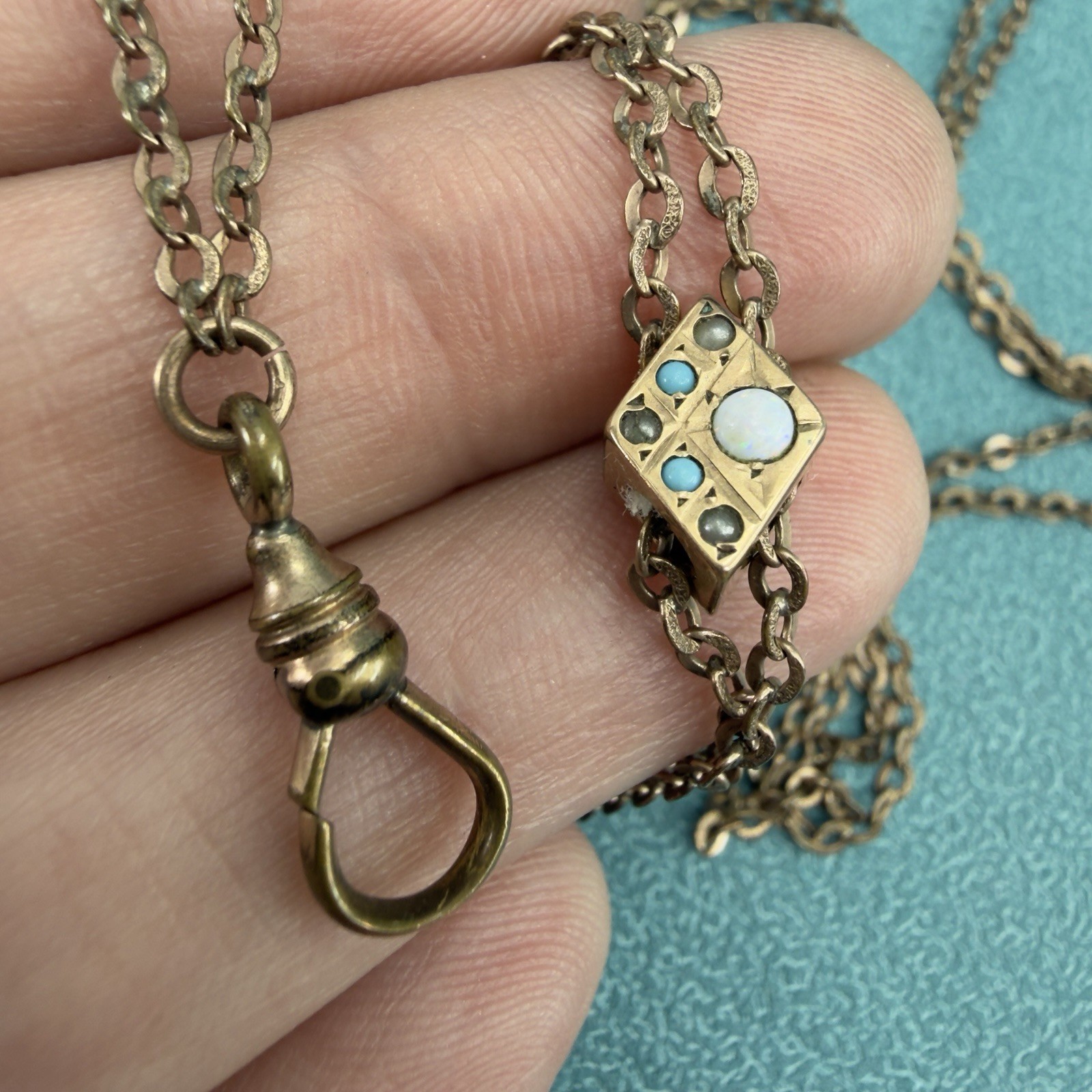 Victorian Antique 10K SOLID GOLD Pearl Turquoise SLIDE 48 GF Watch Chain D&C Fob