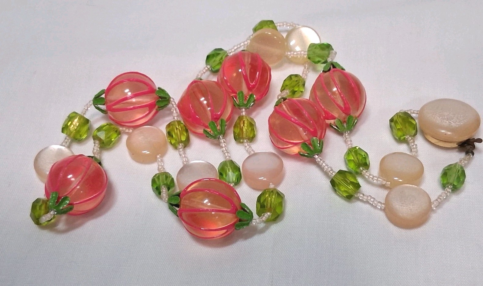 VTG Fruit Japan Necklace Pink Lucite/Acrylic beads And Green MELON BALLS