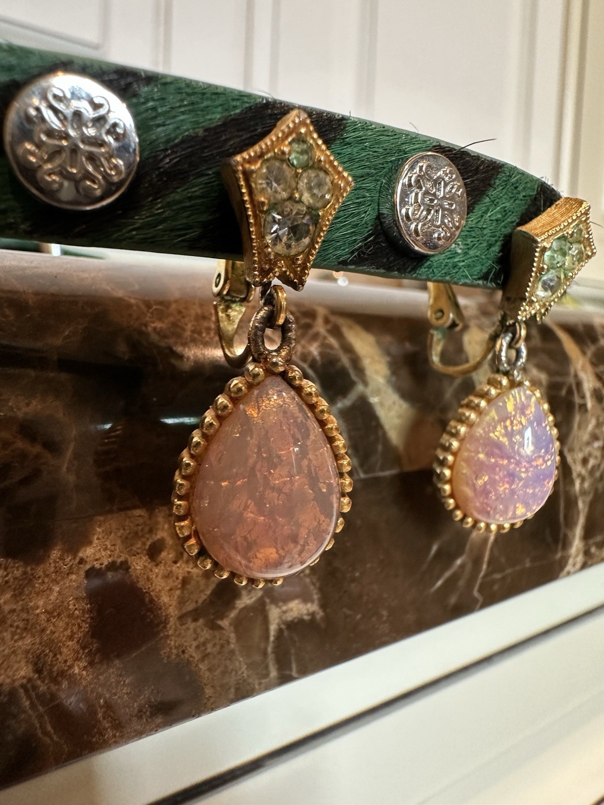 Vintage rare Crown Trifari Pave Rhinestones & Faux Opal Dangle Clip Earrings