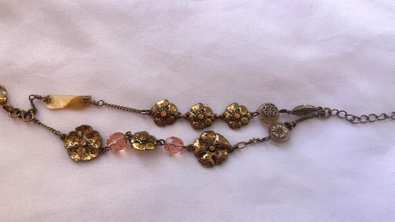 Vintage Brass Floral Bracelet Pink Bead Accents Boho Antique Style Jewelry