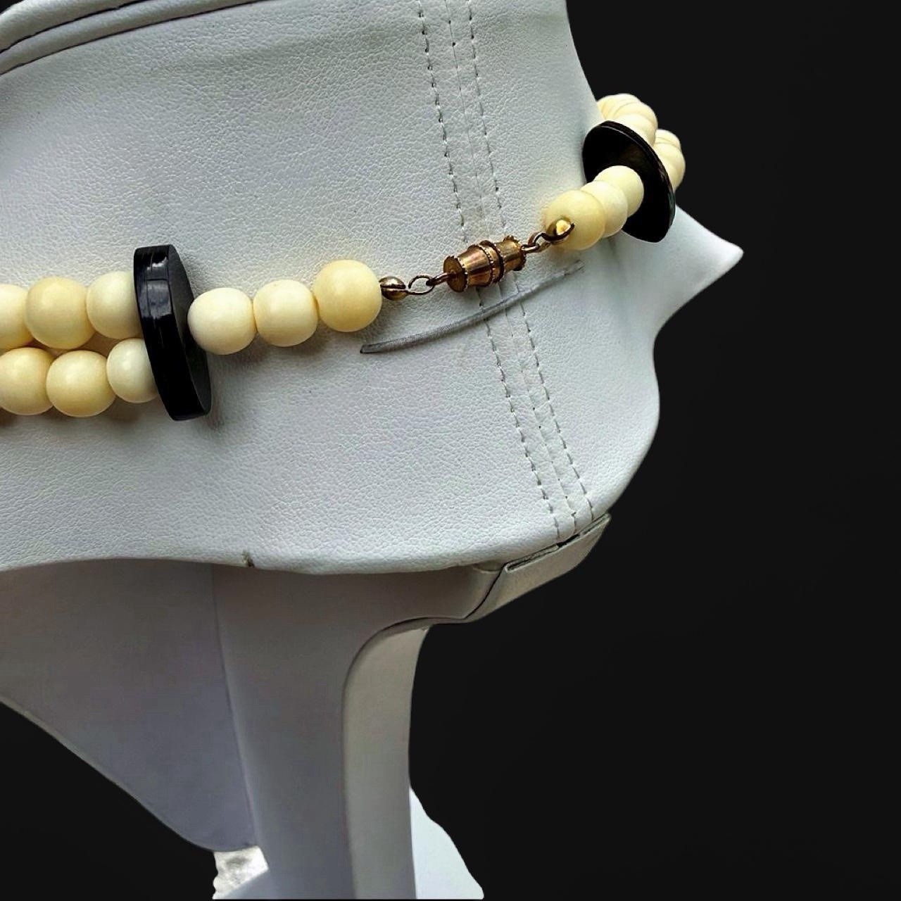 Art Deco Resin Bib Necklace Multi Strand Black Cream Bead Statement