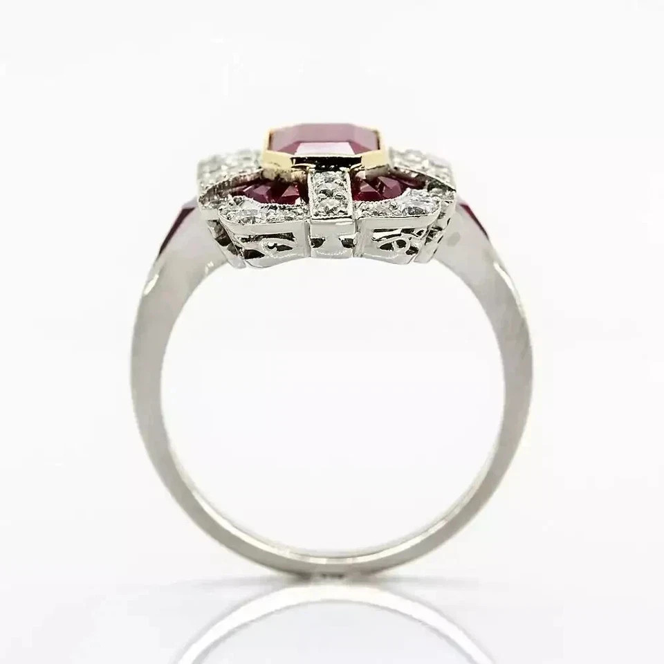 4Ct Art Deco Style Ruby & Lab-Created Diamond Engagement 14K White Gold FN Ring