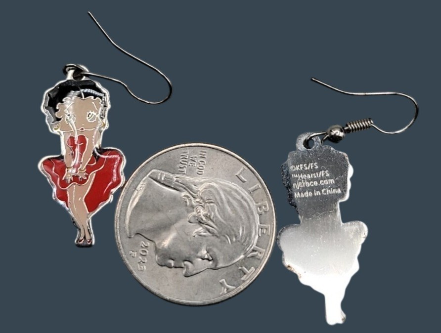 Vintage Betty Boop Red Dress Dangling Hook Earrings KFS/FS Hearst Silver Tone 1″