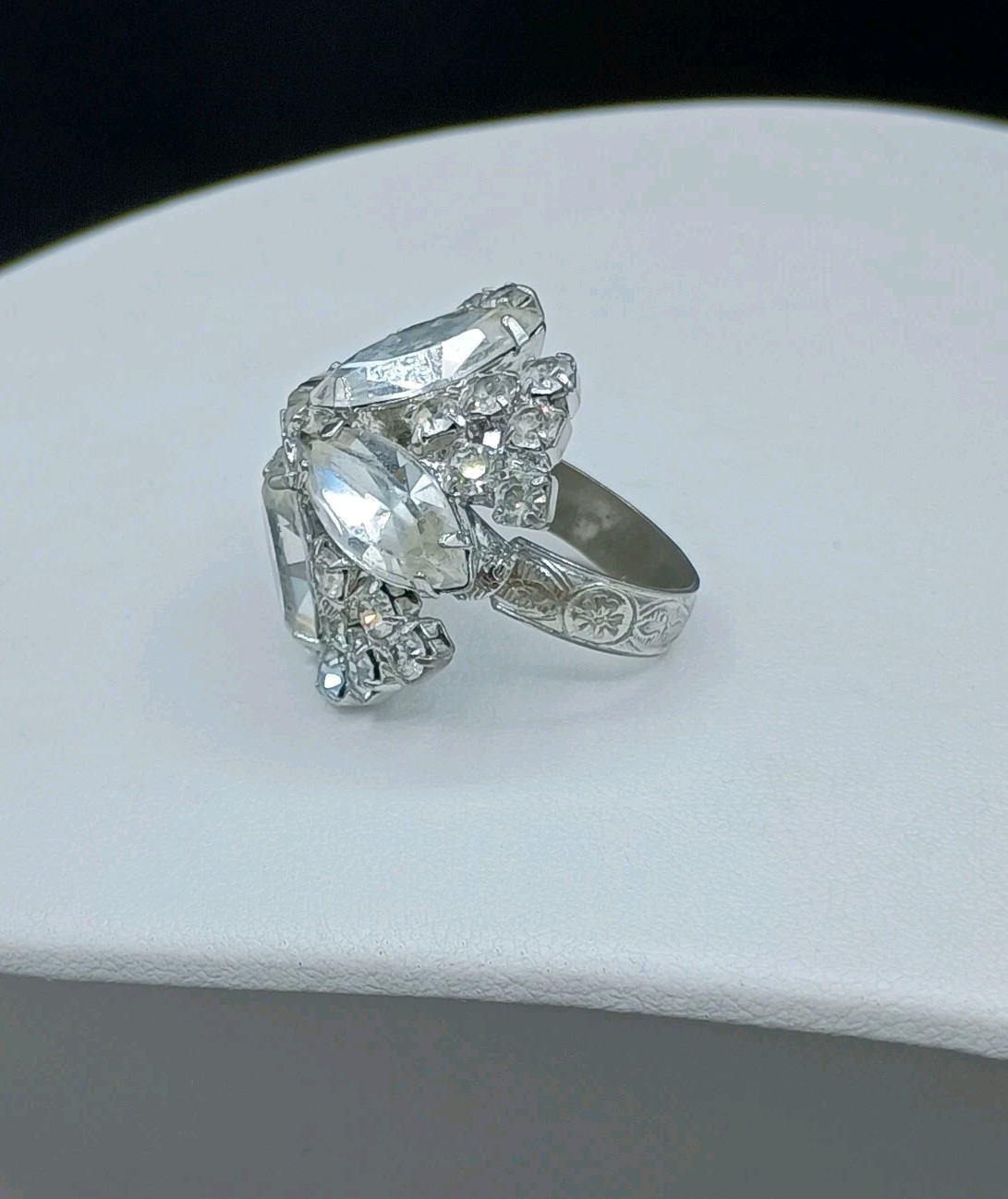 Vintage Rhinestone Cross Ring Adjustable Chunky Statement Clear Sparkle Glam