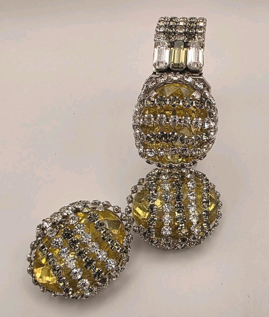 Vintage Unsigned Hobe Yellow/Grey/Clear Crystal Layered Cuff Bracelet/Earrings