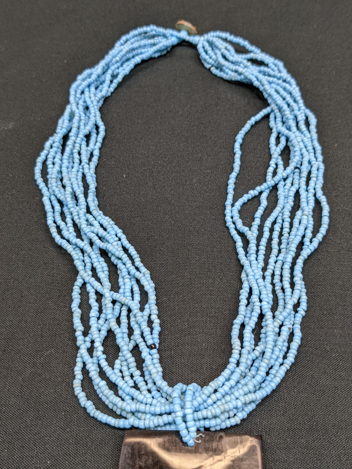Vintage Blue Seed Bead Necklace Abalone Shell Mosaic Pendant MOP Statement 18″