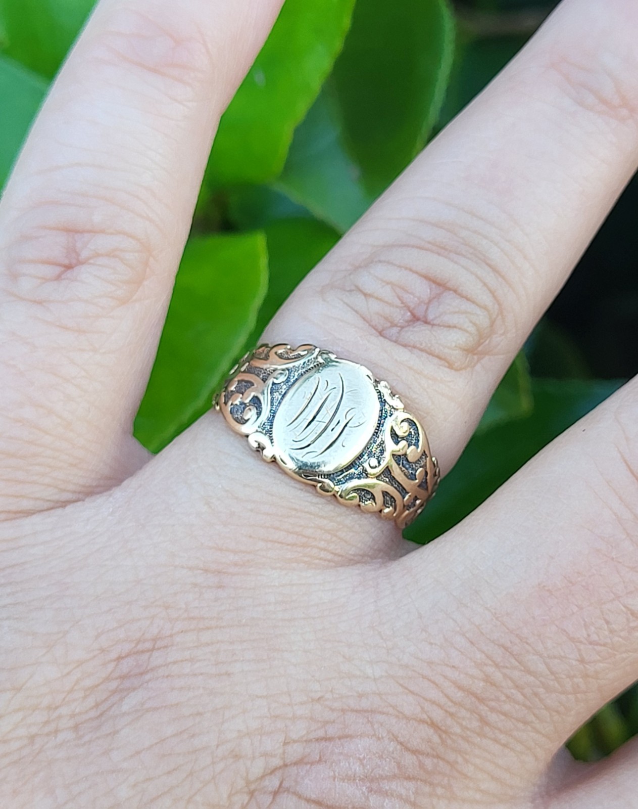 Antique 10K Yellow Gold Ornate Monogrammed Signet Ring Art Nouveau Signed