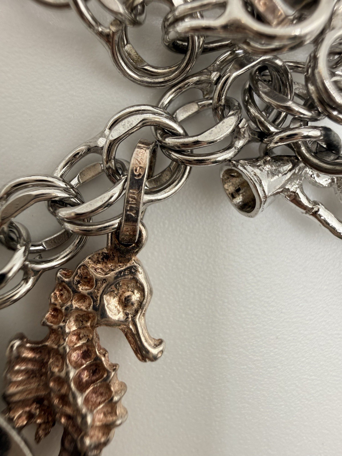 Sterling Silver Charm Bracelet Vintage Mixed Charms Heart Seahorse Cheer 30g U4