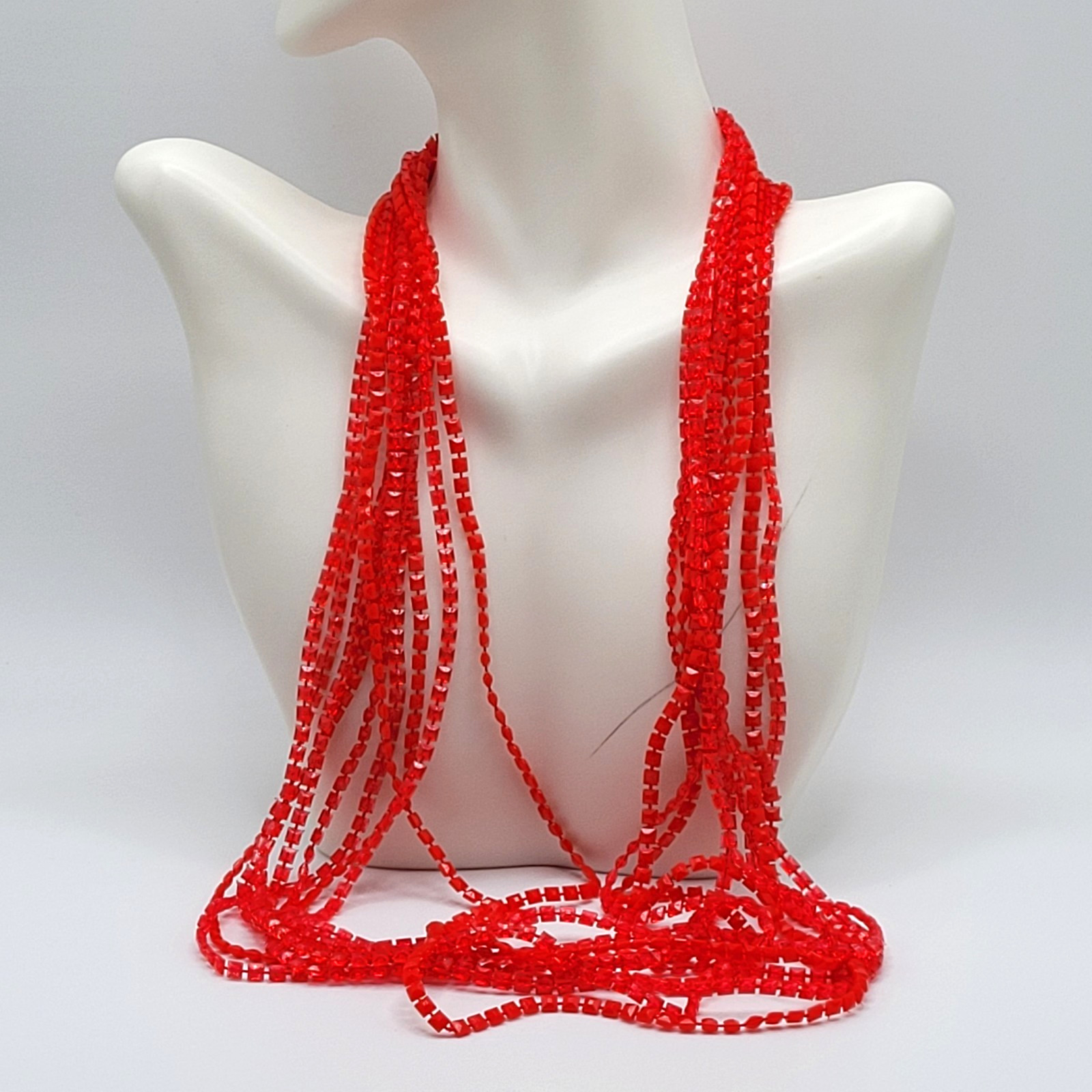 Vintage Red Multi Strand Plastic Square Beaded Solid & Clear Bead Necklace 48 In