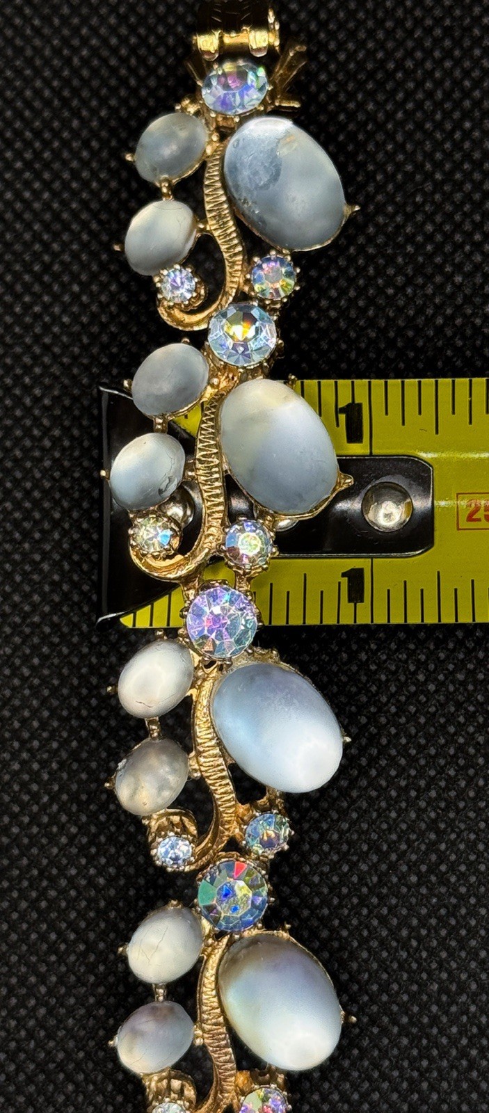 Vintage Blue Moonstone Cabochon Bracelet AB Rhinestones Gold Tone Mid Century