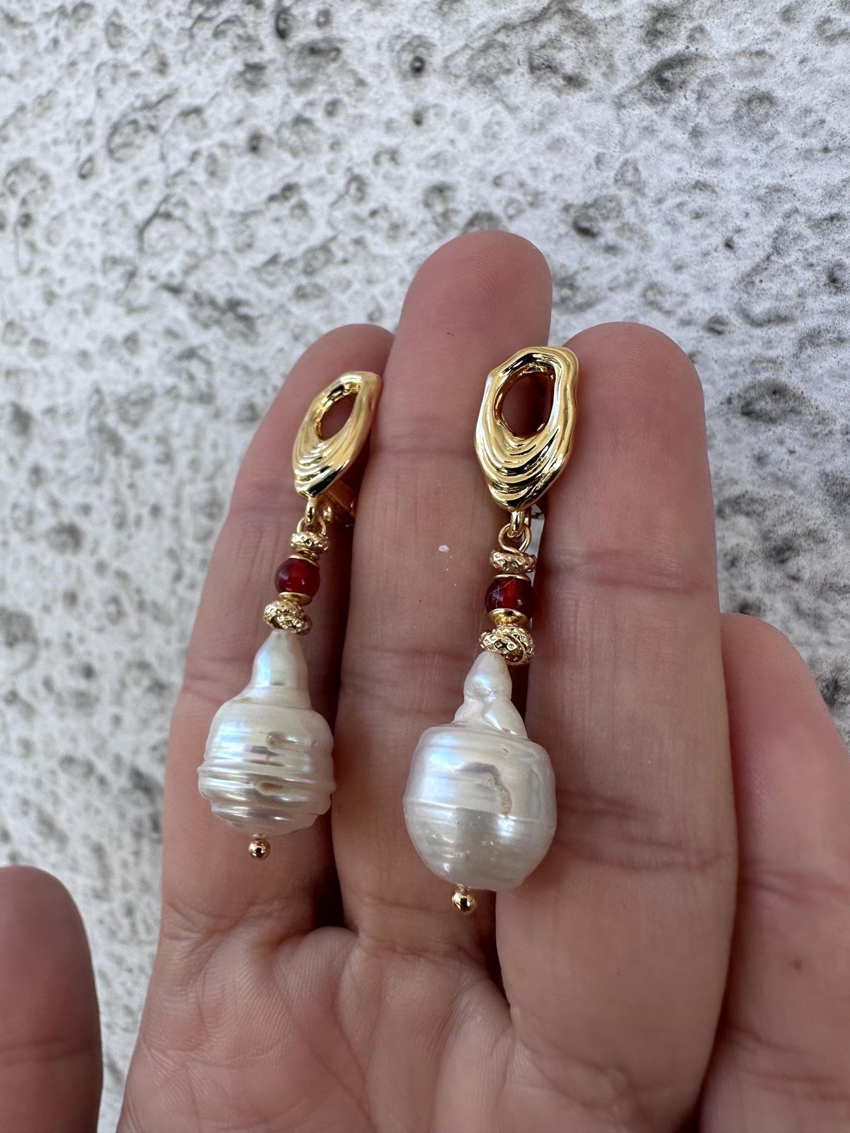White Baroque Pearl Earrings With Carnelian Accent, Melting Lever back