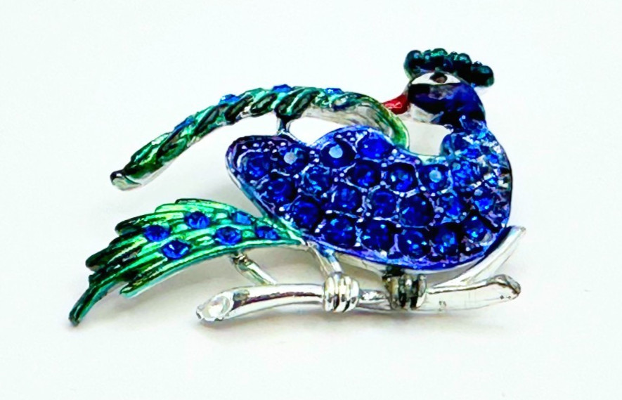 Silver Tone Multicolor Enamel & Cobalt Blue Rhinestones Peacock Brooch Vintage