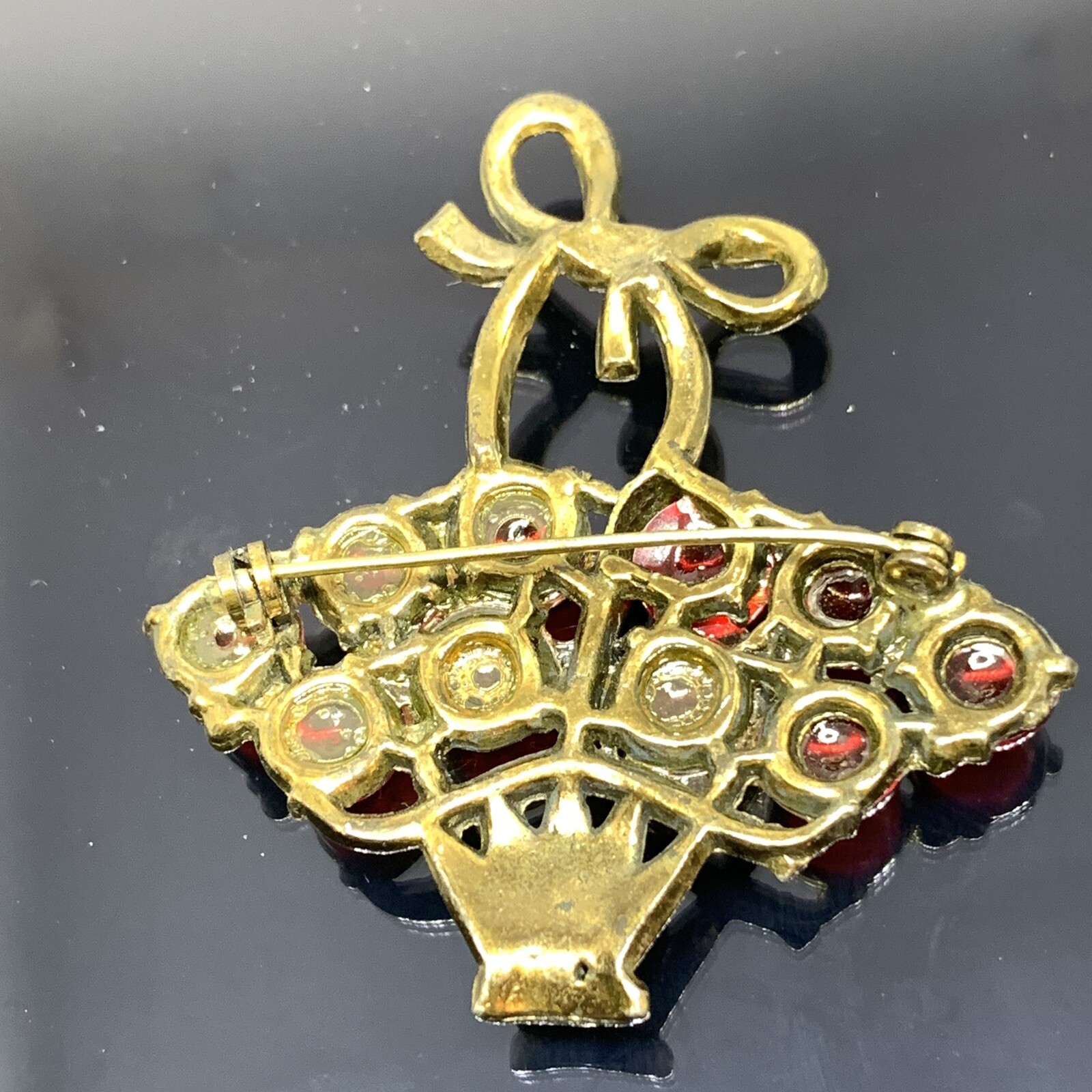 Antique Basket Brooch Red Poured Glass Gripoix Cabochons 1920s 1930s Cherries