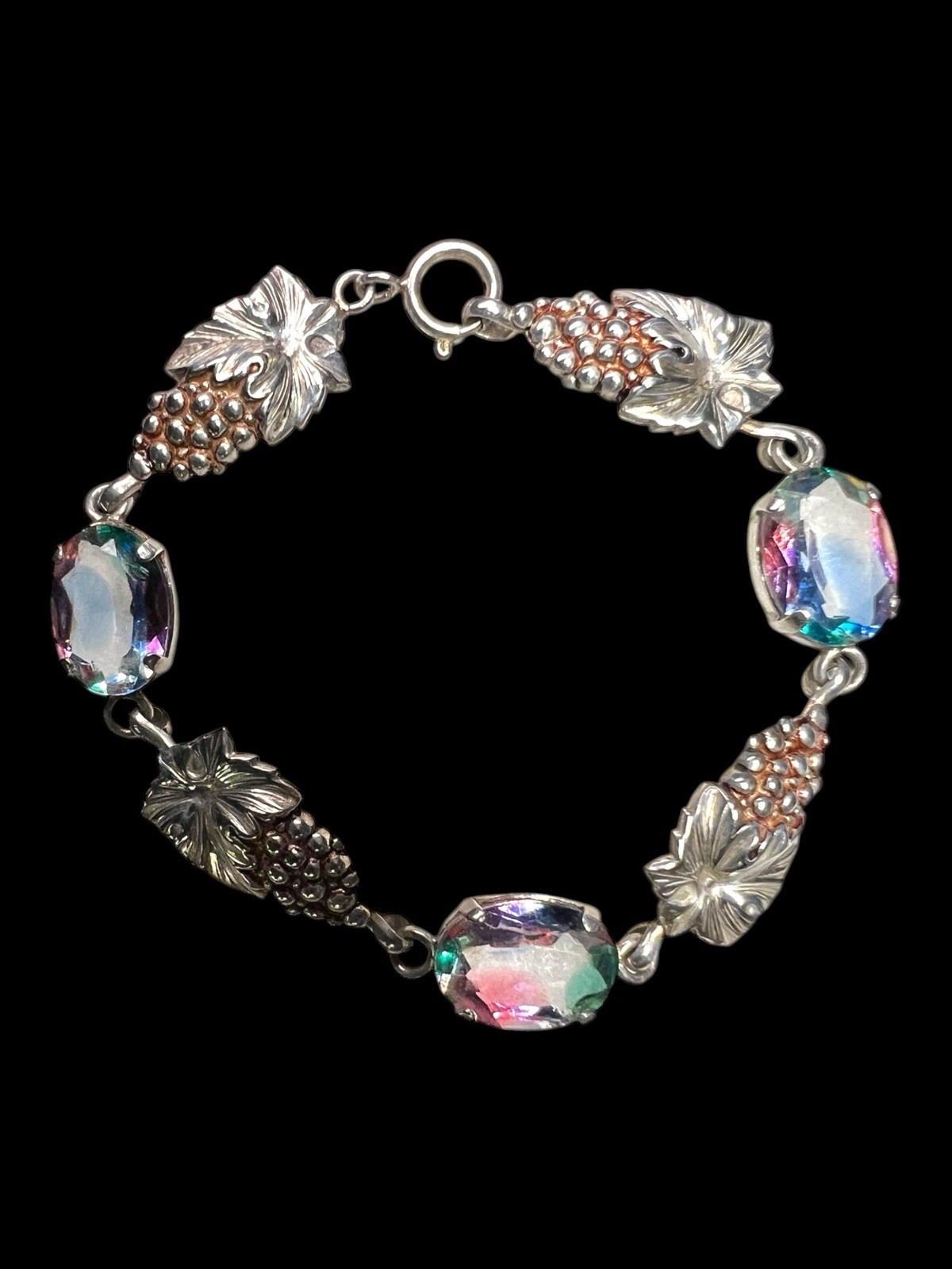 Vintage 835 Silver Rheinkiesel Iris Glass Bracelet Grape Leaf Rainbow Stones
