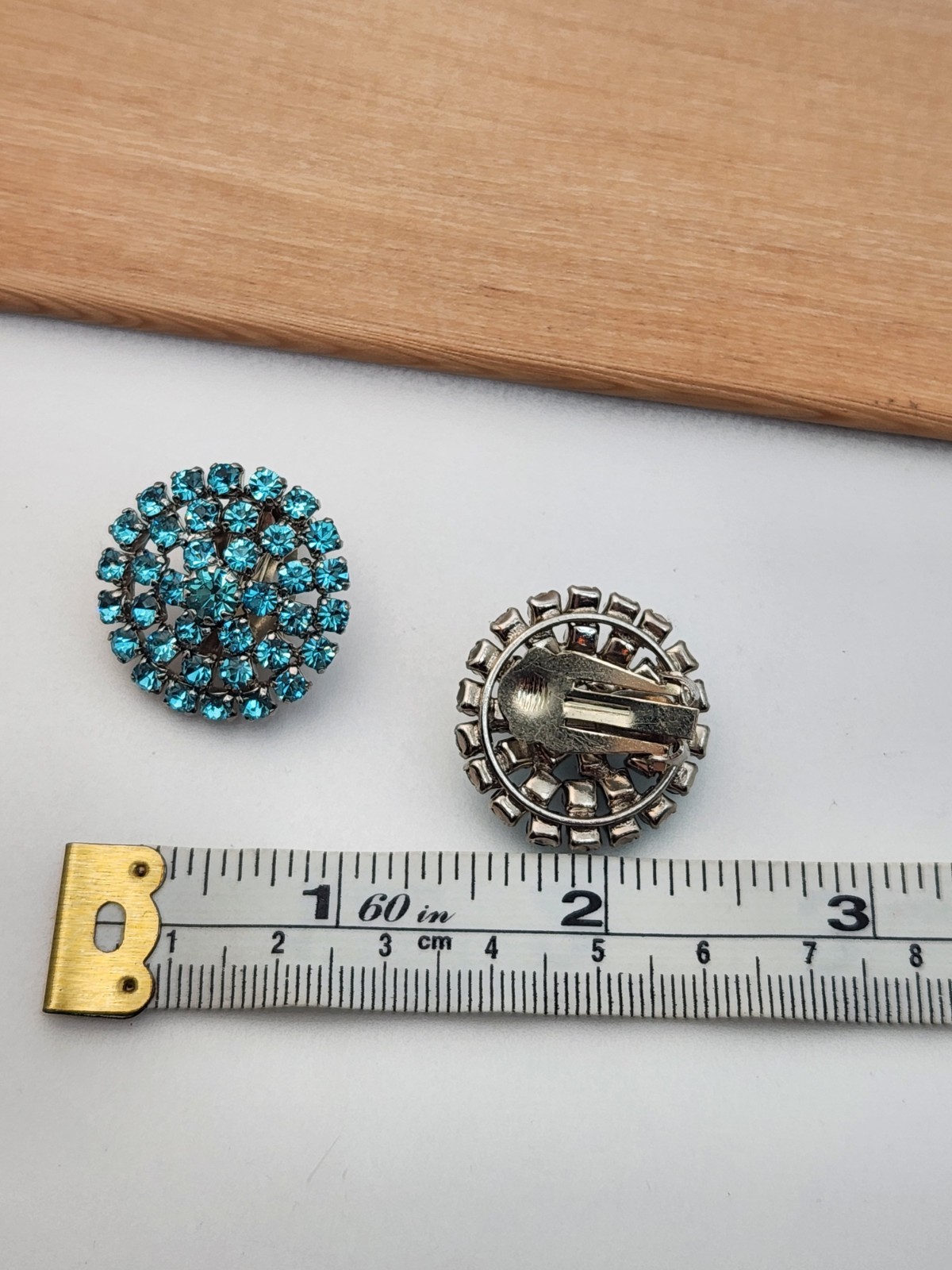 Bright Blue Rhinestone Sparkly Clip-on Earrings Large Round Statement Silvertone