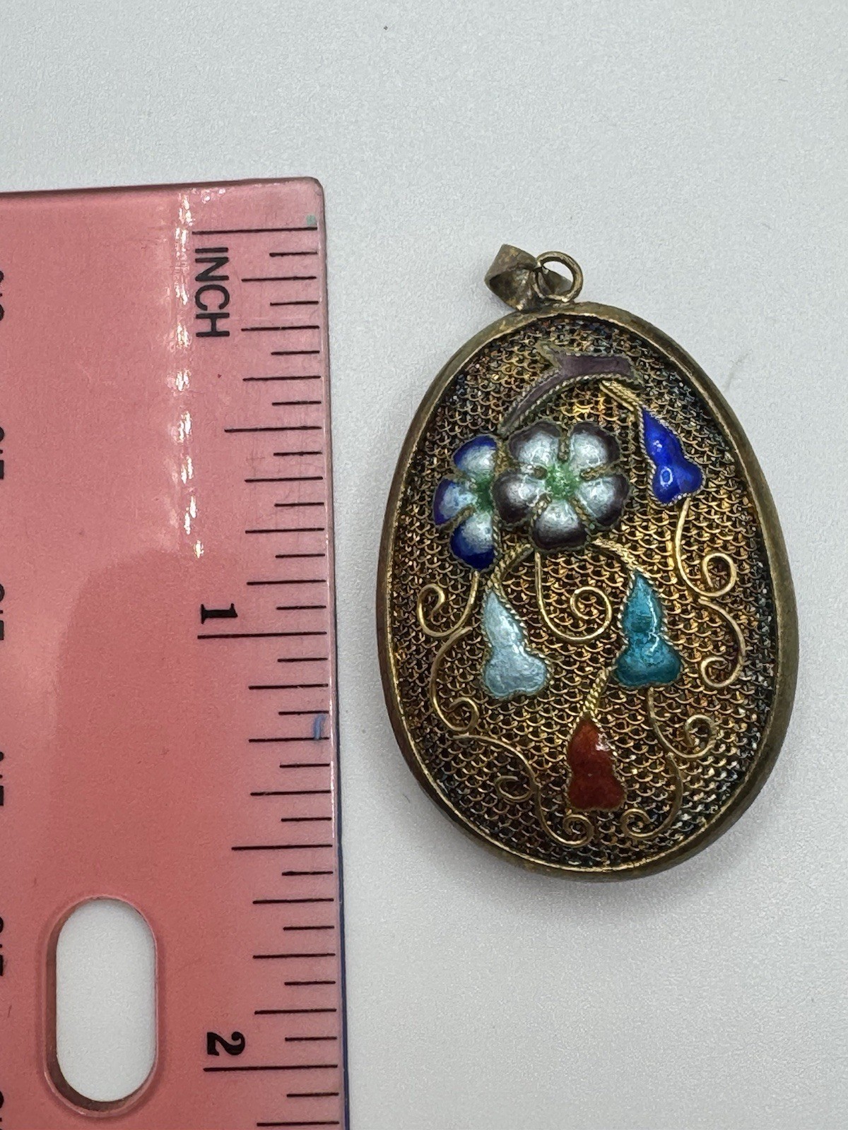 Chinese Export Vintage Silver Multi Color Enamel Flower Pendant Large Sterling