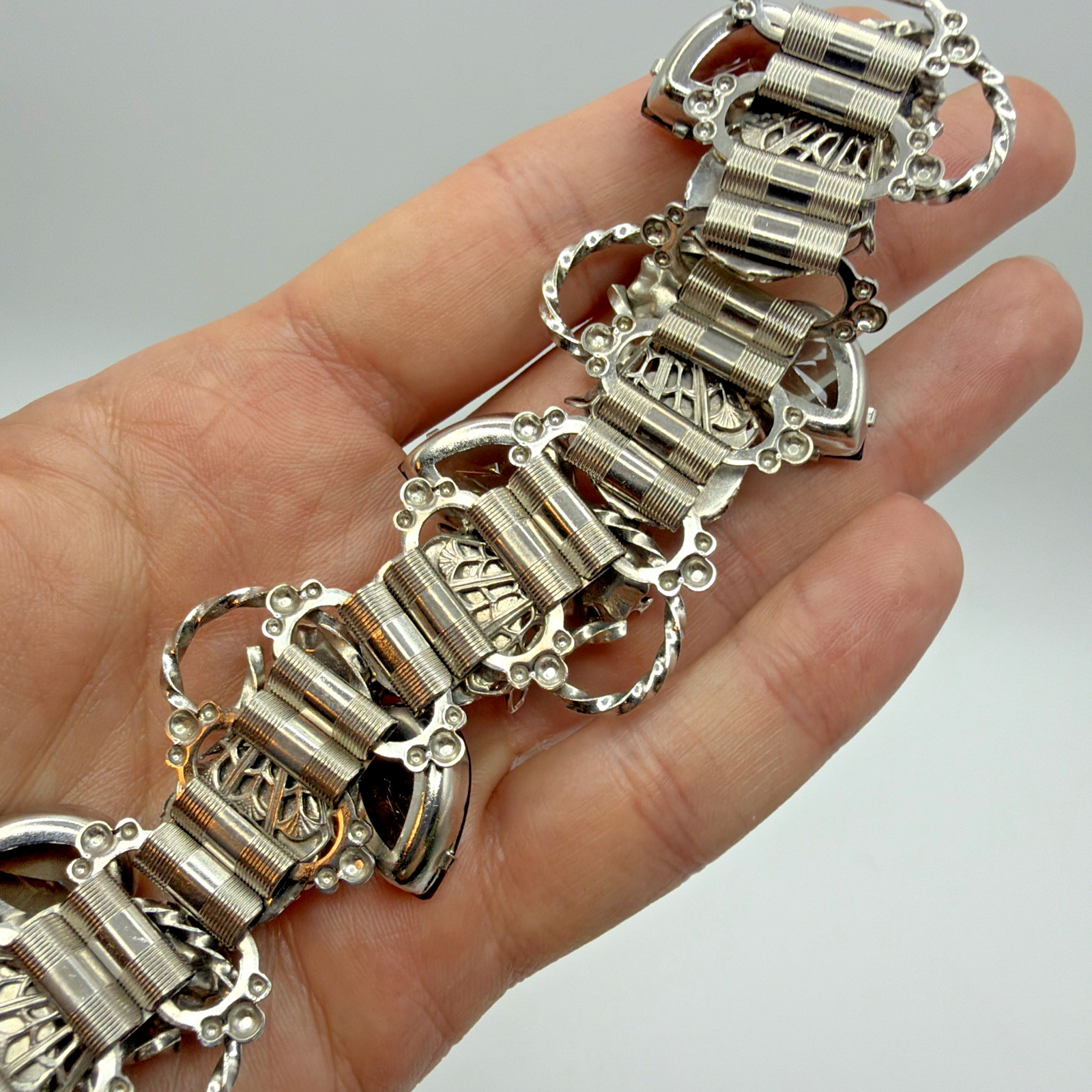 Vintage Silver Toned Bar Link Bracelet Smokey Glass Faux Pearl Size 6.5