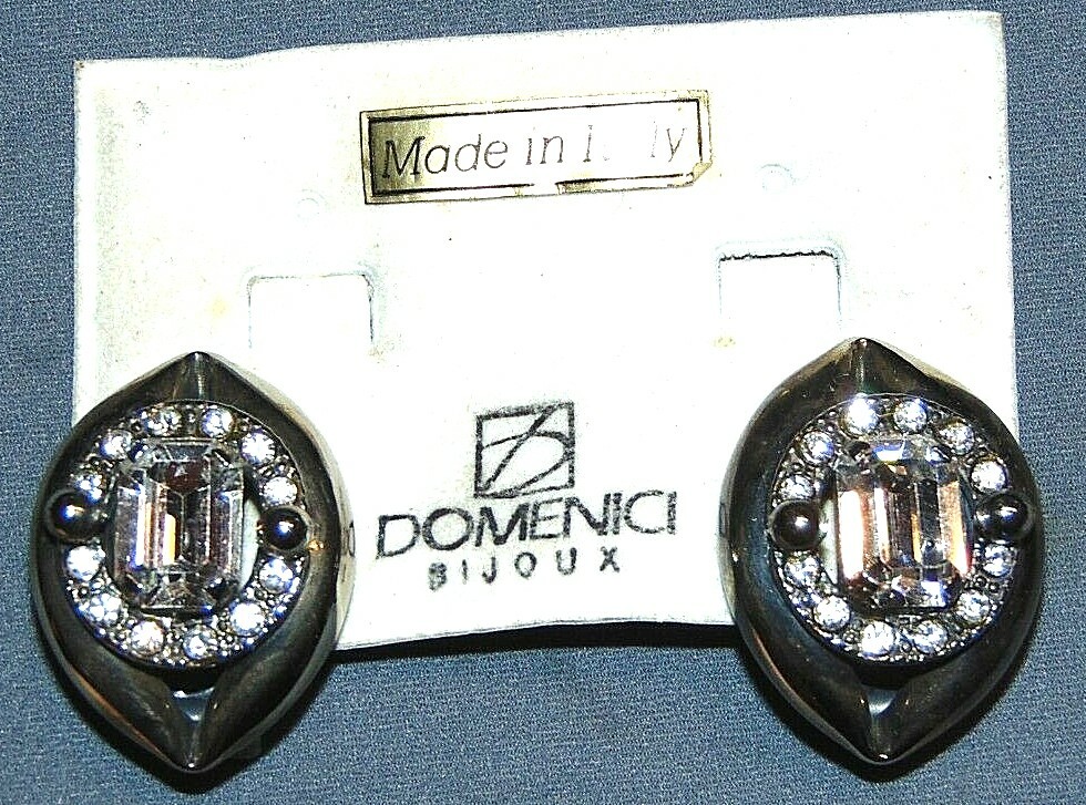VINTAGE METALLIC TONE CRYSTAL GLASS SIGNED DOMENICI BIJOUX CLIP ON EARRINGS