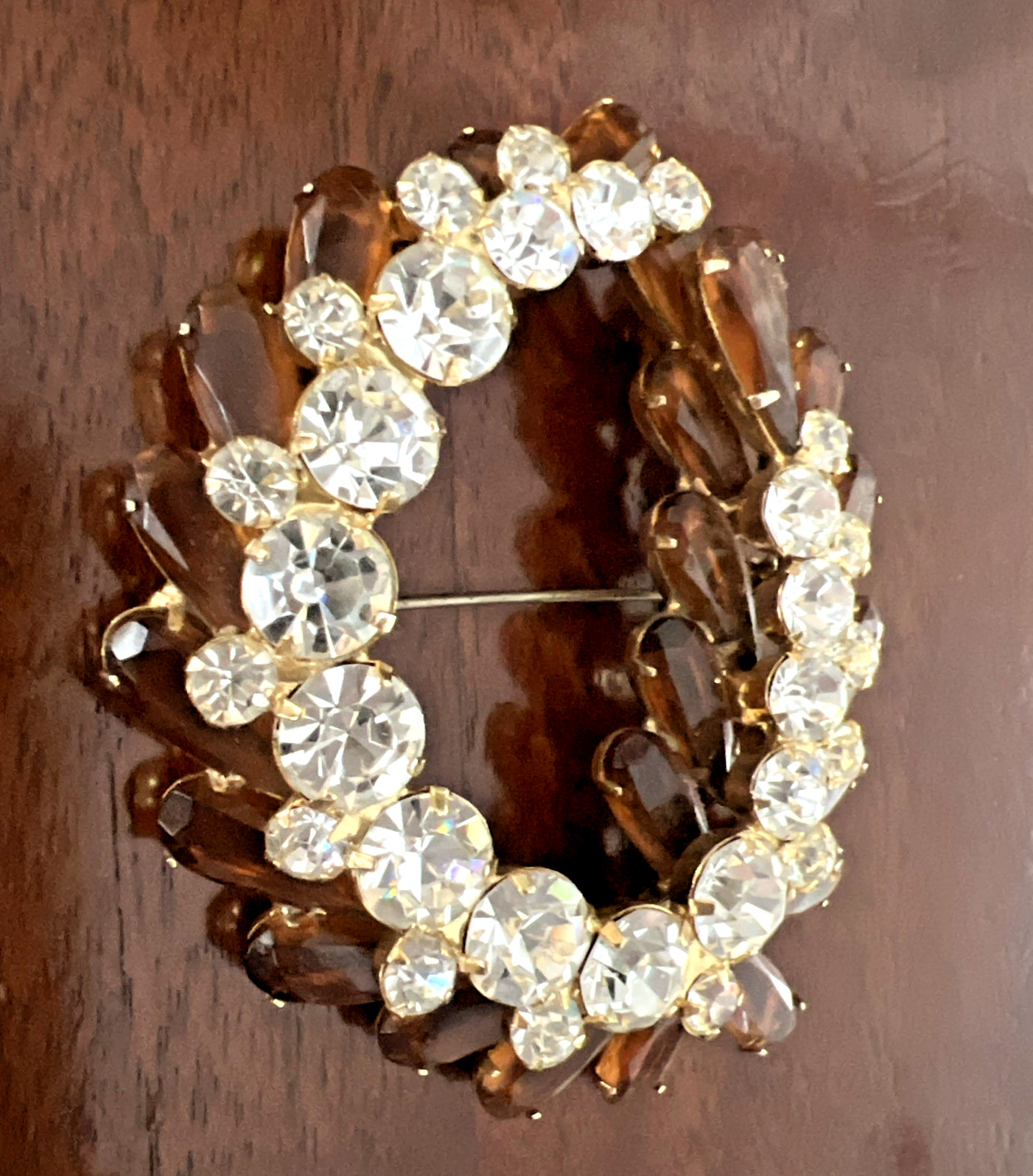 VTG. JULIANA DELIZZA & ELSTER AMBER & CLEAR RHINESTONE BROOCH LARGE 3″