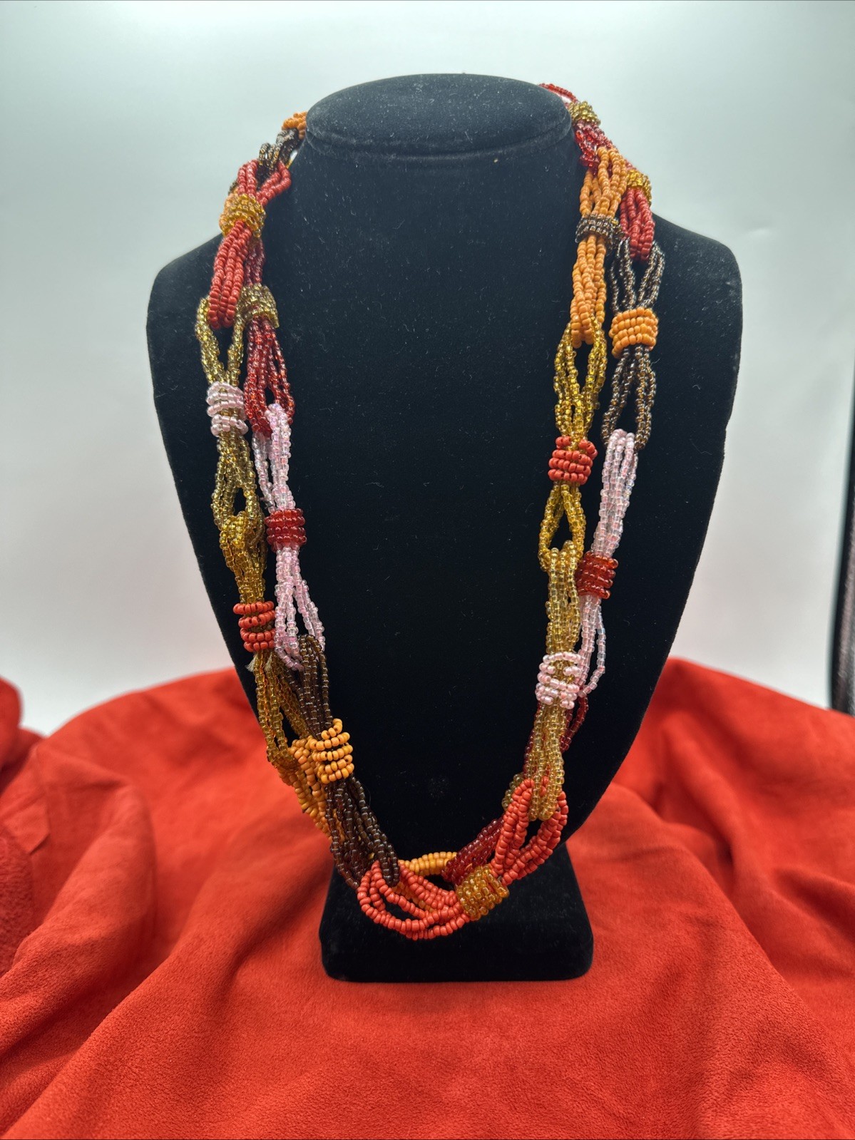 Vtg Sunset Palette Colors Hand beaded Long Necklace. See pics.