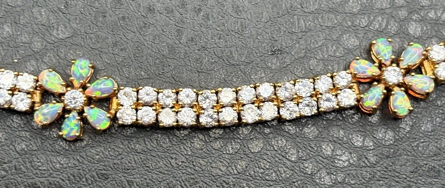 VTG Vermeil Sterling Silver 925 Opal & CZ Tennis Flower Boho Bracelet Floral 8”