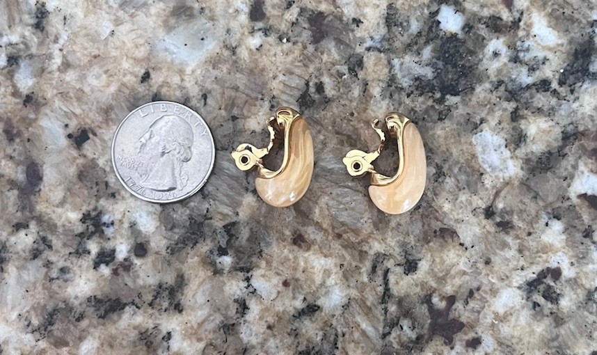 Vintage Monet Signed Cream Yellow Gold Acetate Drop Curved Clip On Earrings