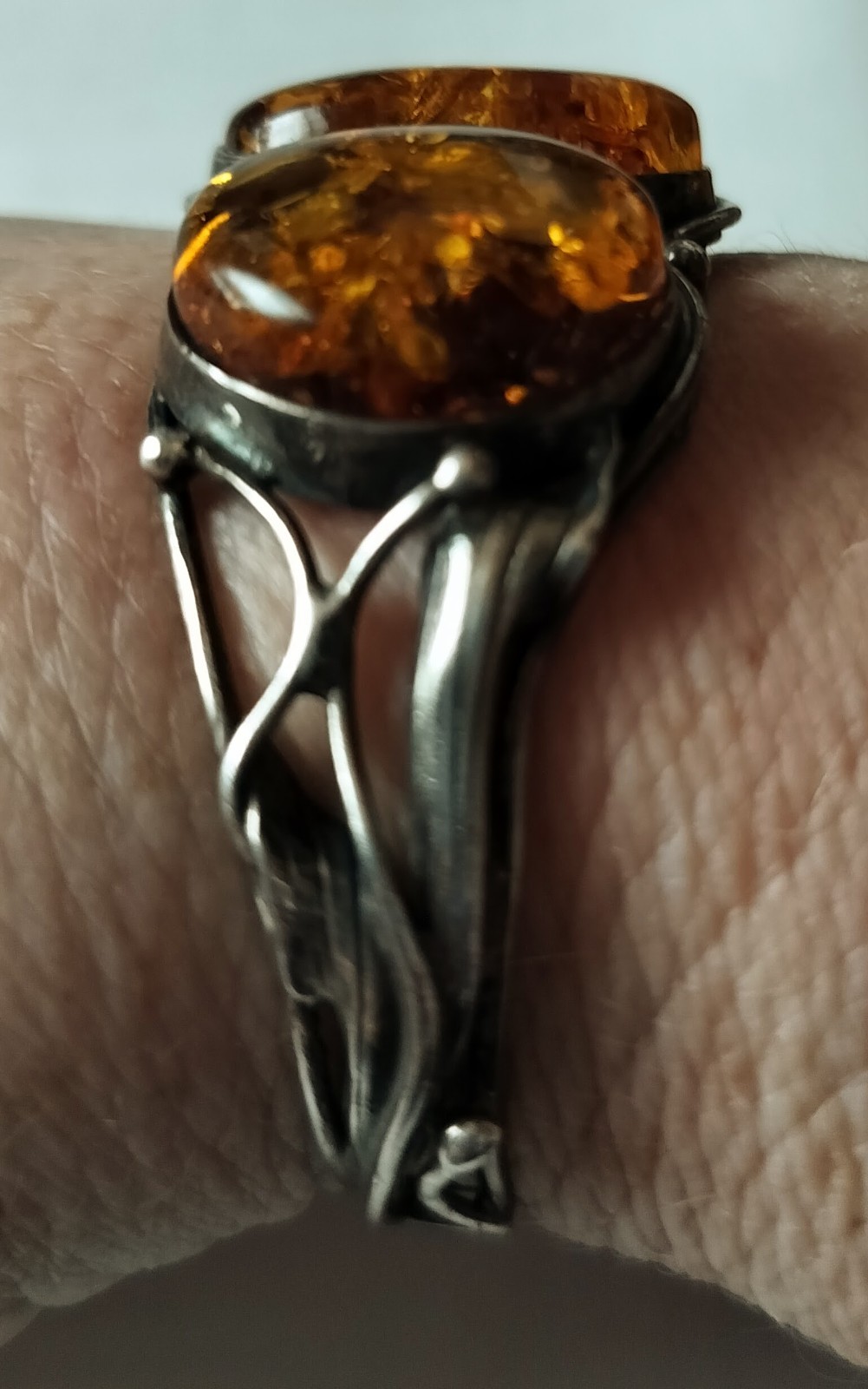 Sterling Silver Cuff Bracelet With Baltic Amber Stones.