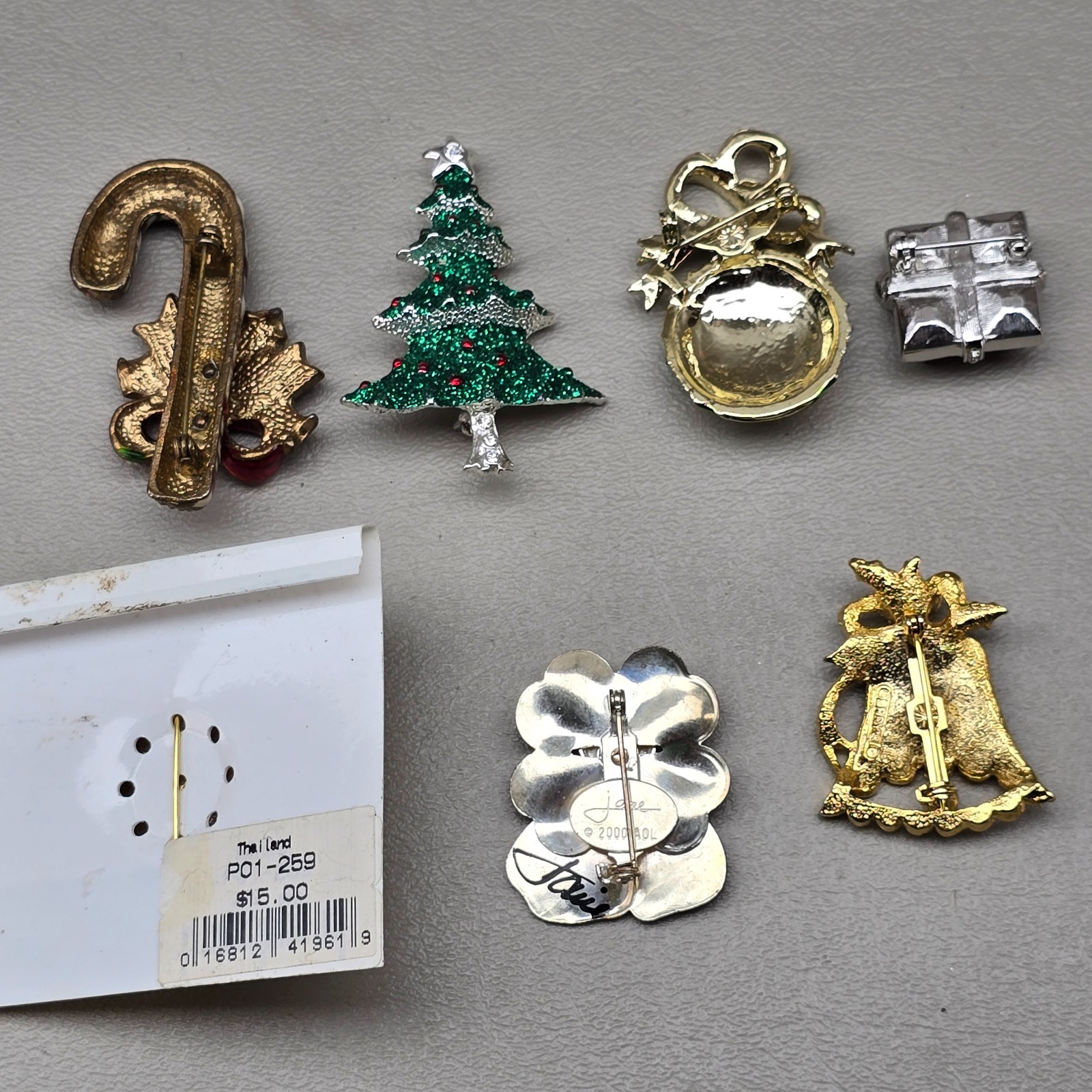 Vintage Christmas Brooch Lot Candy Cane Tree Ornament Bell Gift Jane Signed 6 Pc