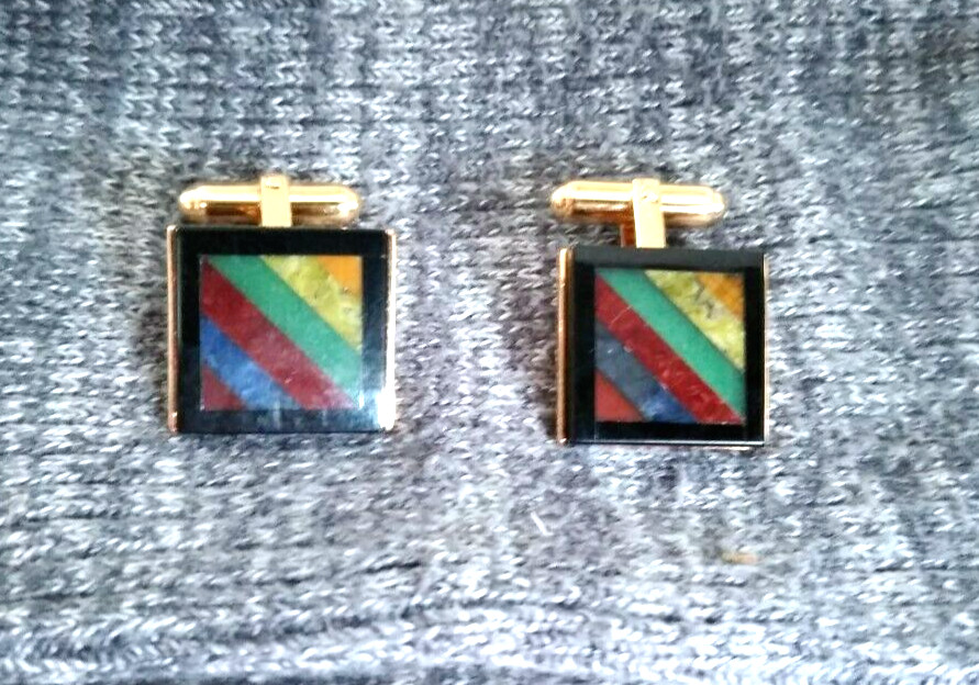 Vintage Gold Tone Square .5″ Multiple Inlays Stunning Men’s Cufflinks