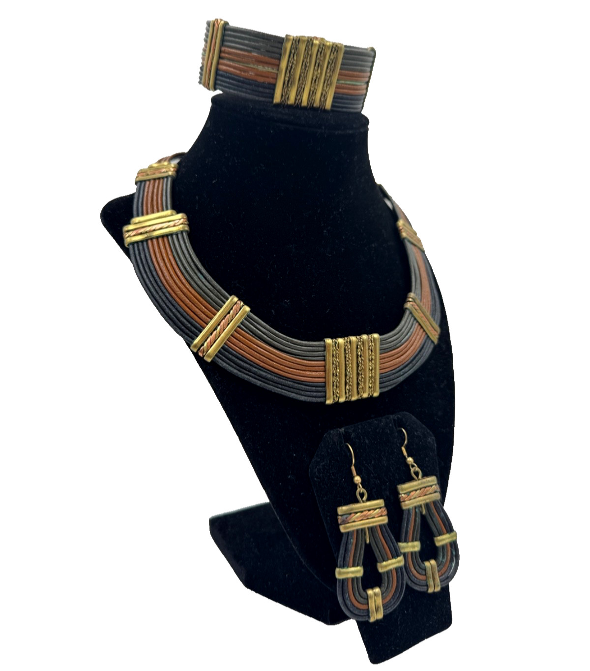 ETHNIC AFRICAN VINTAGE SET EARRINGS NECKLACE BRACELET GENUINE LEATHER CORD BRASS