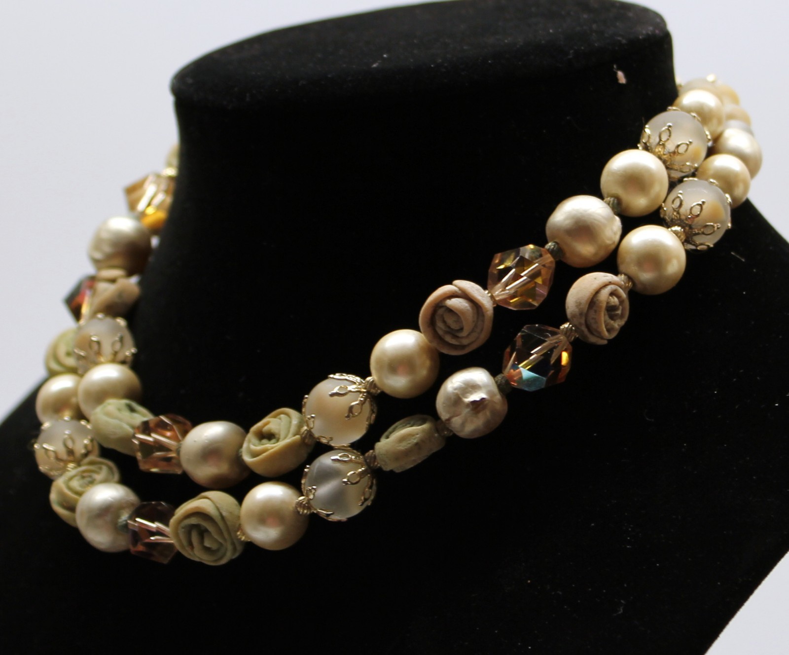 Vtg Vendome Double Strand Mixed Beads Necklace Bicone Polymer Frosted Faux Pearl