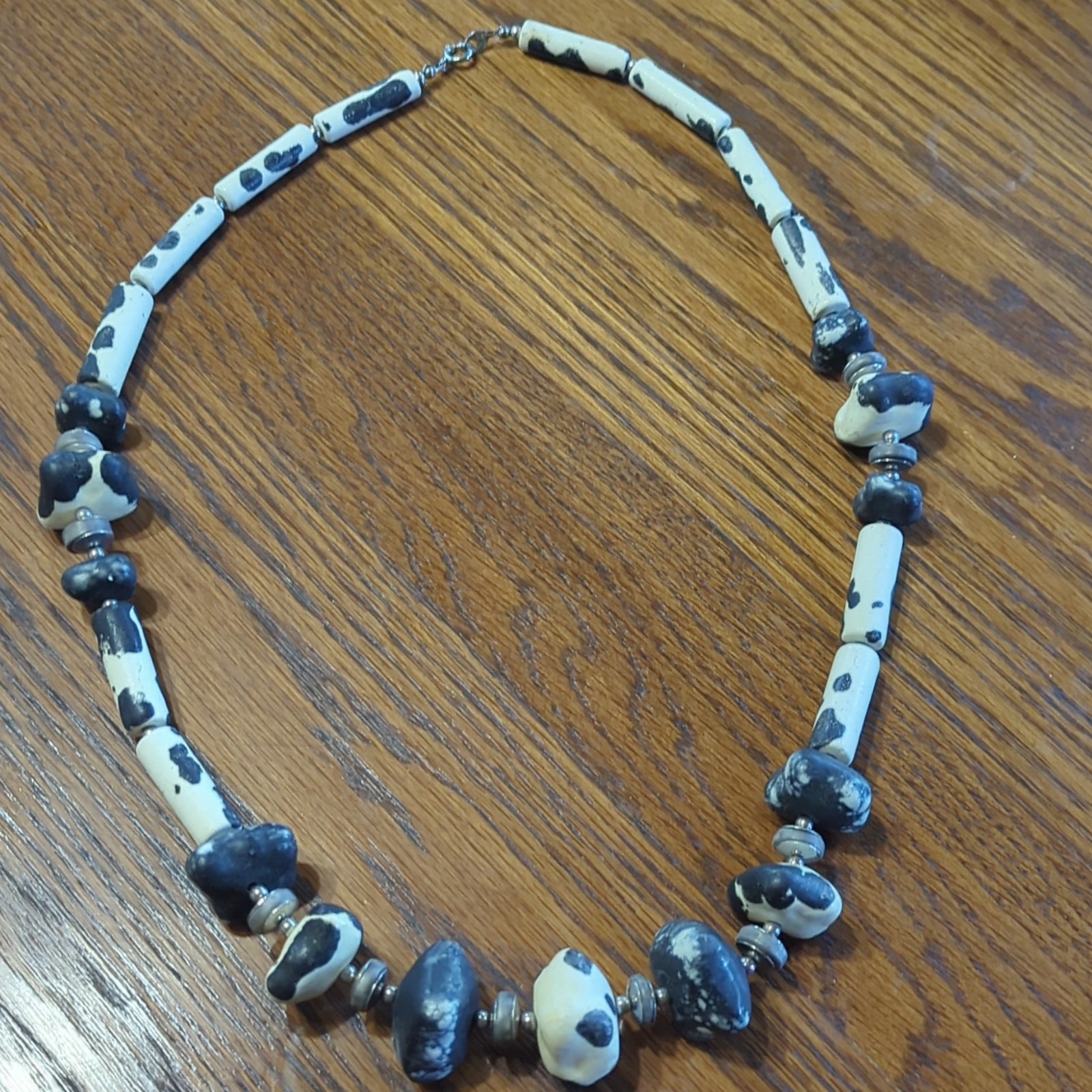 Chunky Vintage Stone Necklace Made In Japan 28″ Black and White