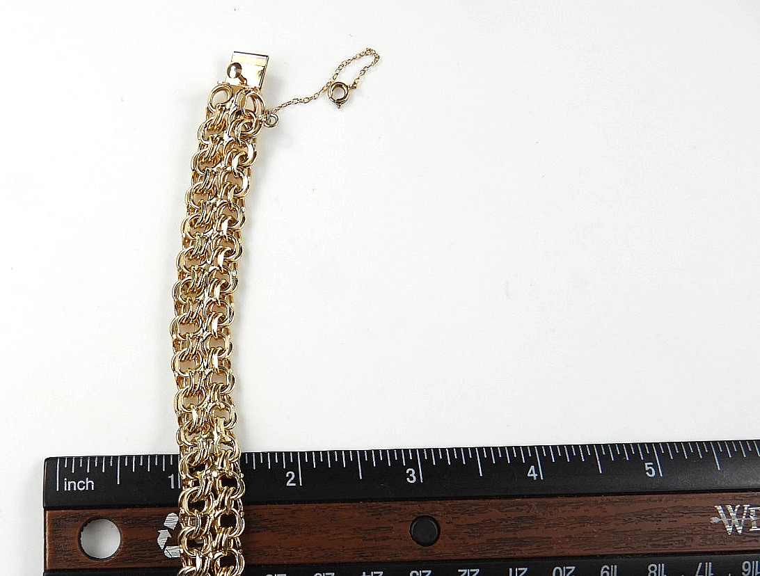Vintage 12K Gold Filled Rare Fancy Charm Bracelet Chunky Curb Link Safety Chain
