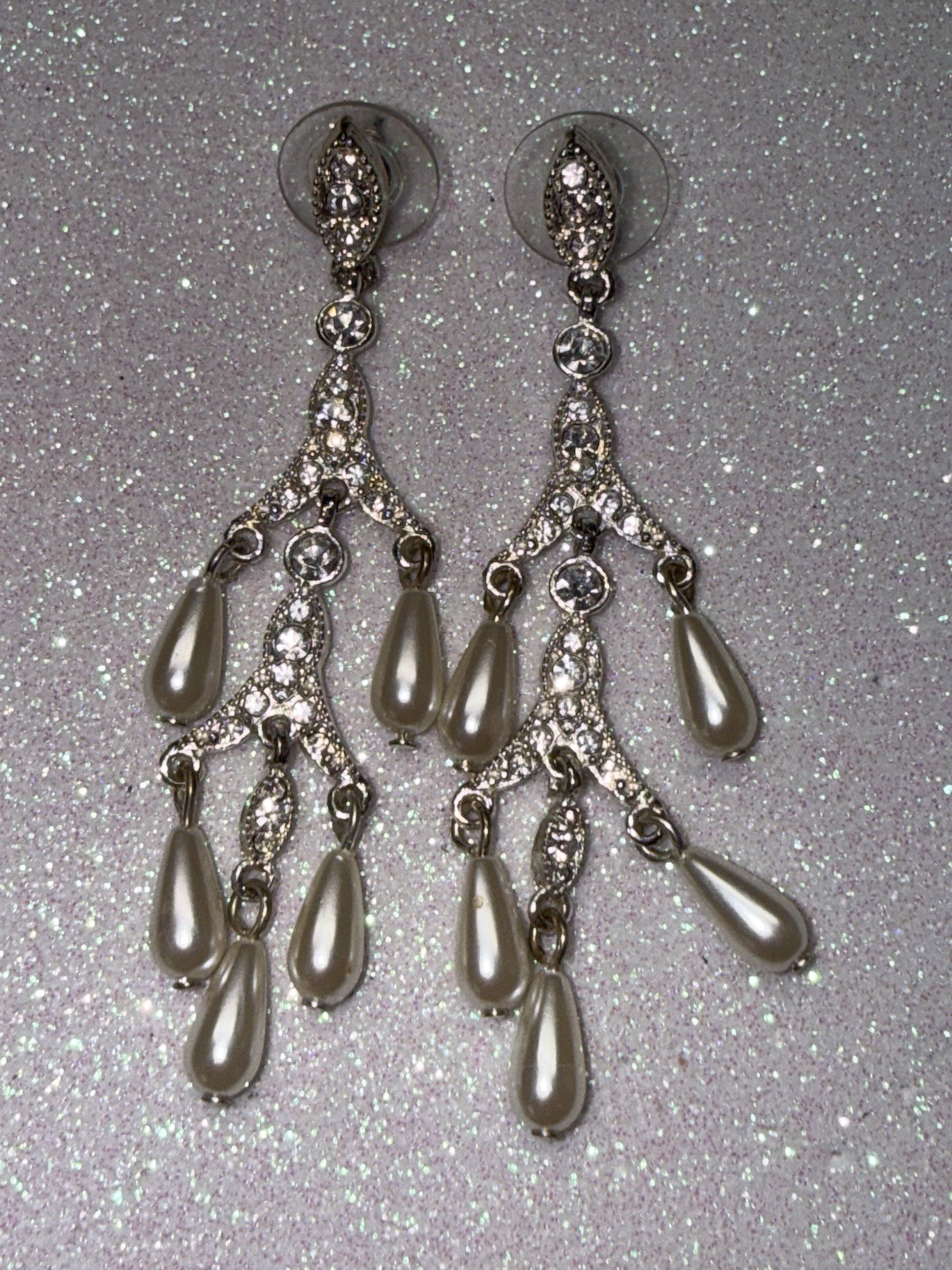 Signed Avon Elegant Pearl Rhinestone Drop Earrings Dangle VTG Statement Set Pair