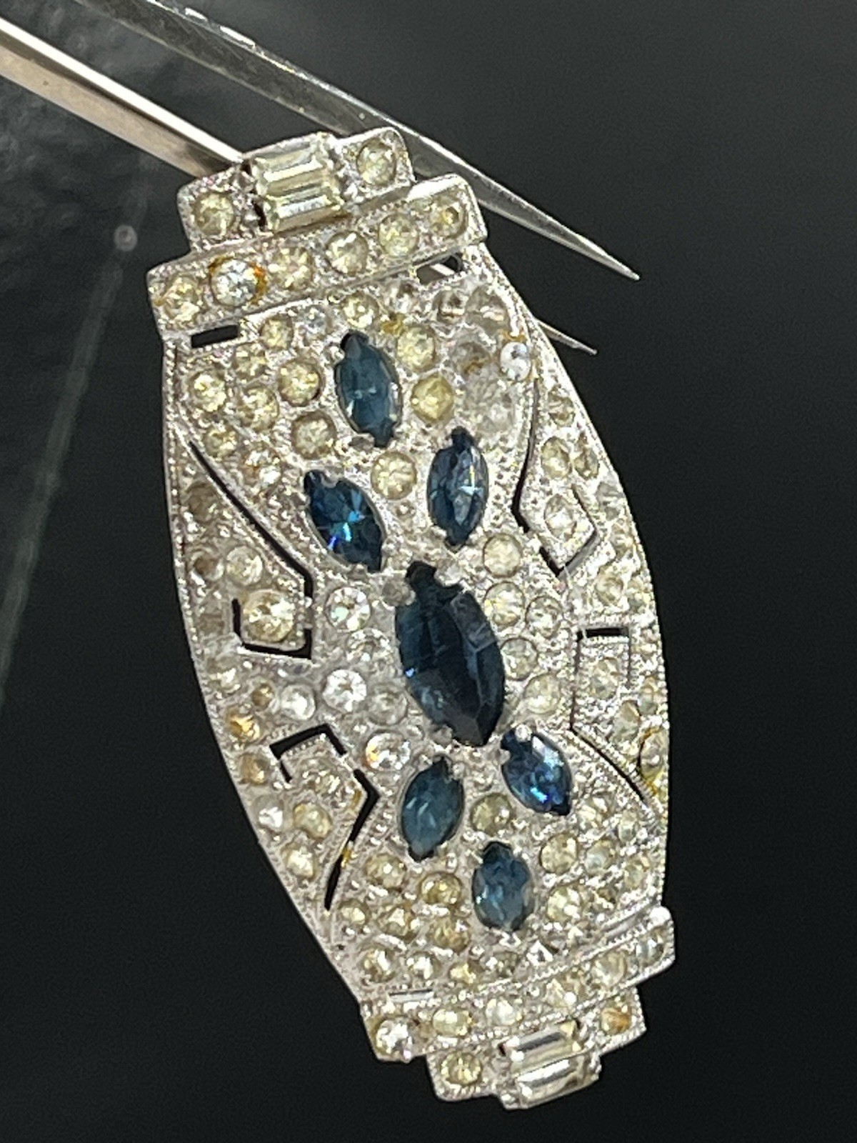 Art Deco Blue Uranium Glow Clear Paste Brooch w/ Baguette & Pavé Rhinestones 2”