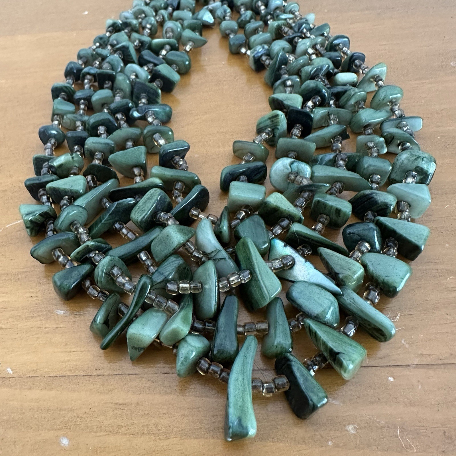 Vintage 5 Strand Faux Jade Green Shell Nugget Bead Choker Necklace Hook Closure