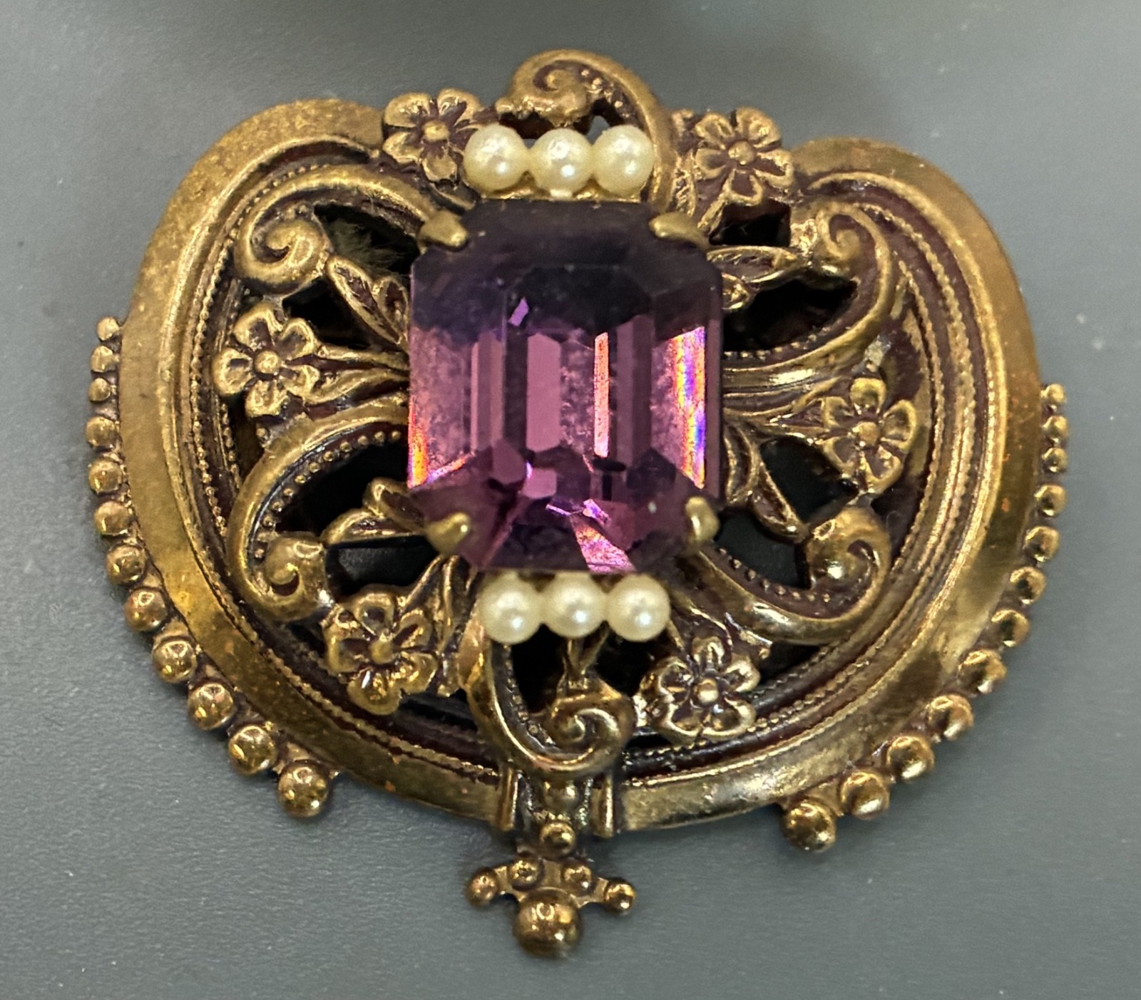 Victorian Era Multi Faceted Simulated Amethyst and Pearl Heart Shaped Brooch