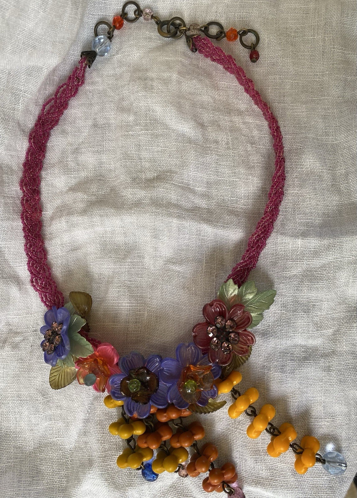 Vintage Glass & Lucite Beaded Floral Necklace with Rhinestone Accents 14-16” Adj