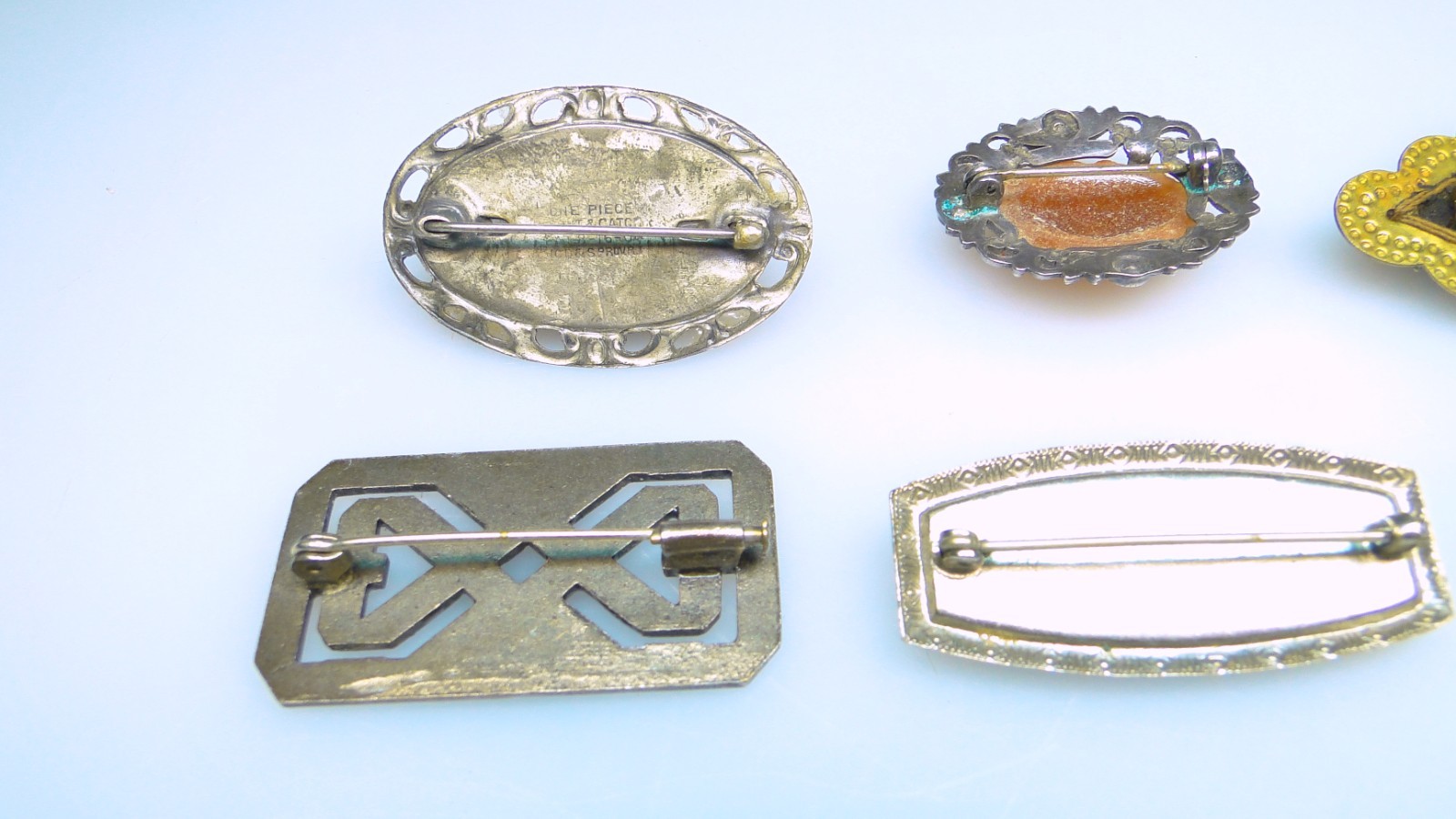 6 Antique Pins Deco Sterling Glass Stones Fancy Settings Vintage Lot