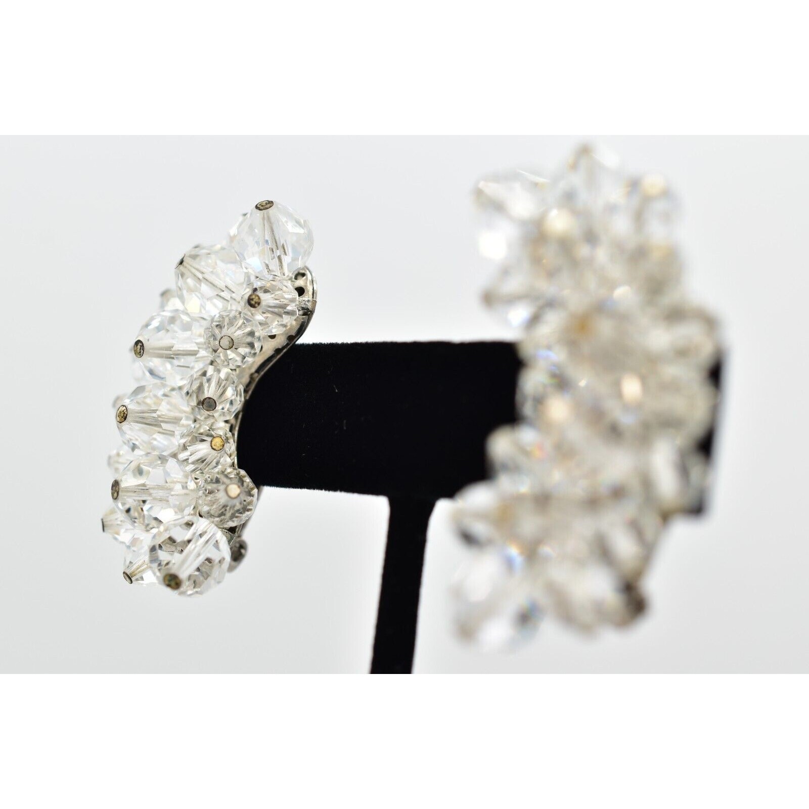 Laguna Vintage Clip On Crystal Earrings Clear Climber Bridal Signed 1950s A24
