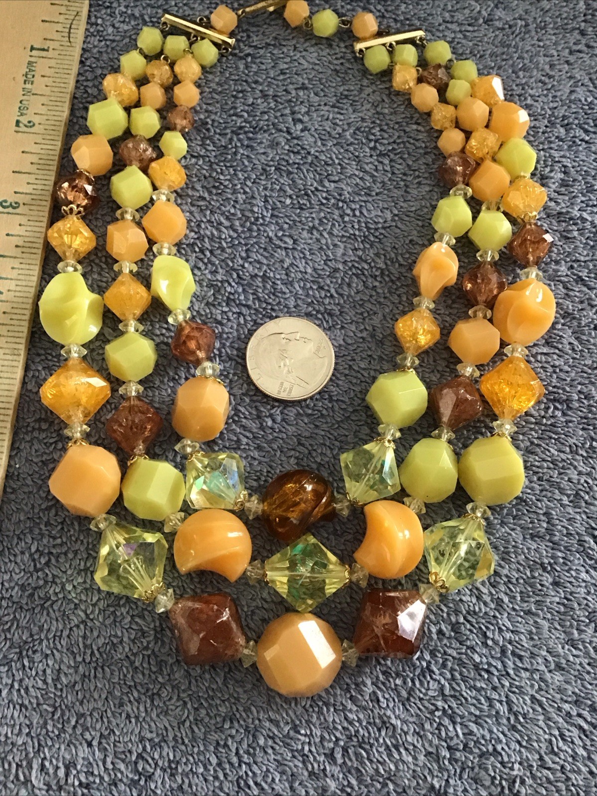 Vtg Germany Bead Necklace Triple Strand Yellow Orange Chunky Acrylic Lucite