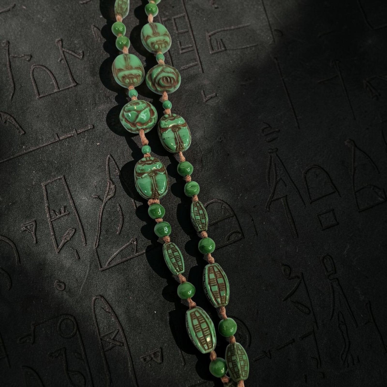 Antique Neiger Brothers 1920s Art Deco Egyptian Revival Czech Scarab Necklace