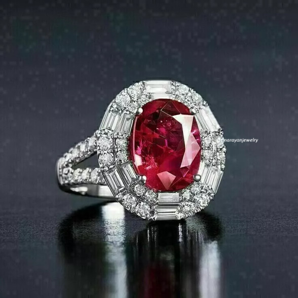 Edwardian 3Ct Oval Cut Lab Created Ruby Diamond Women Ring 14K White Gold Finish